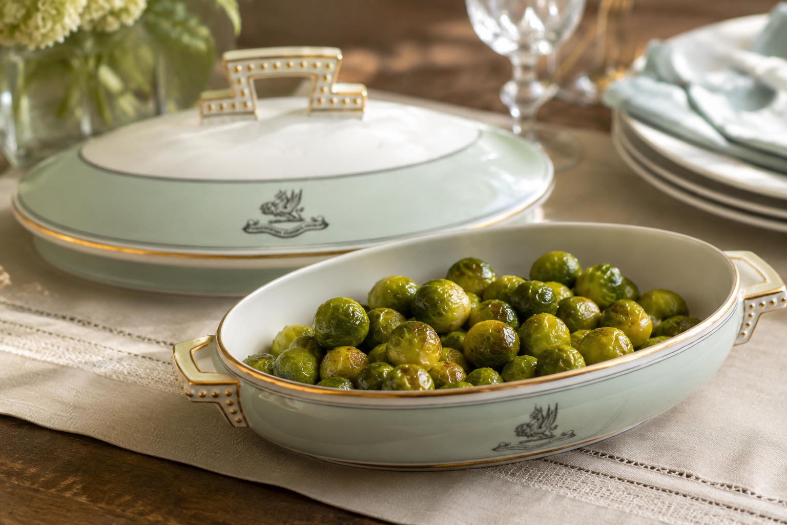 Brussels Sprouts in Vintage Holroyd Family Serving Dish