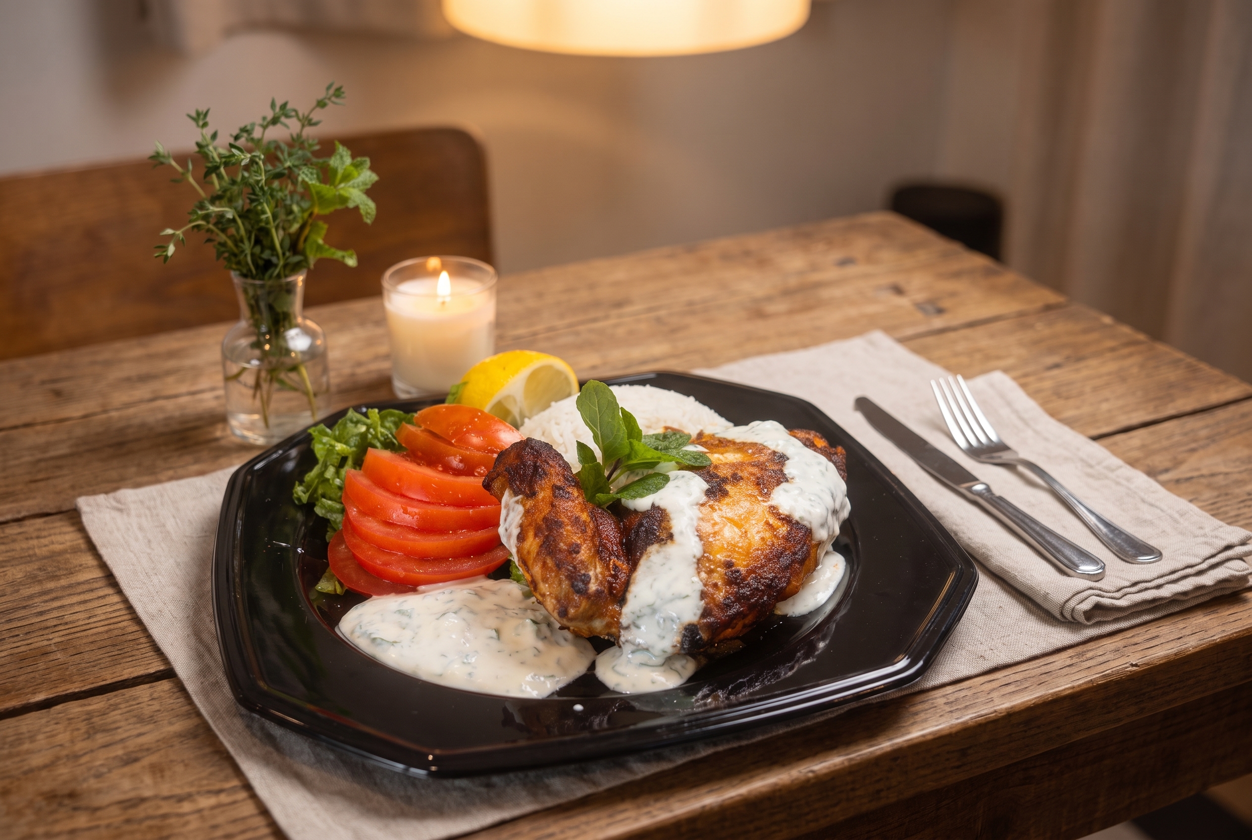 Plated Tandoori Chicken with Mint Yoghurt, Rice and Lettuce and Tomato Salad