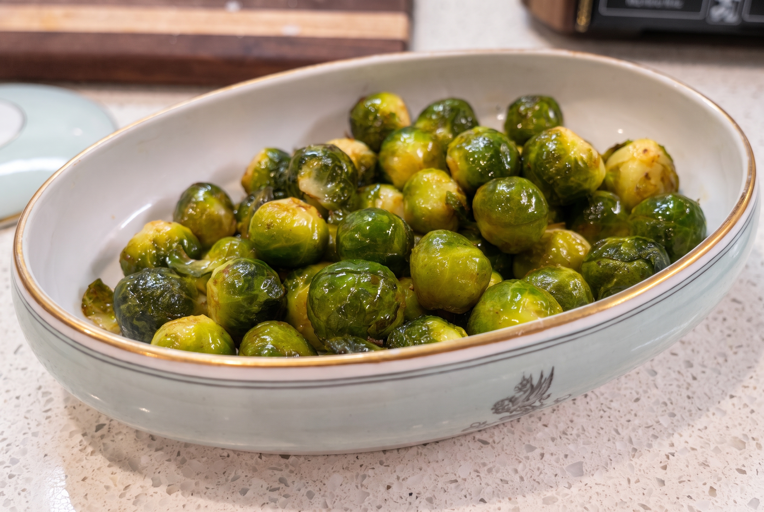 Buttered Brussels Sprouts with Lemon in a serving dish