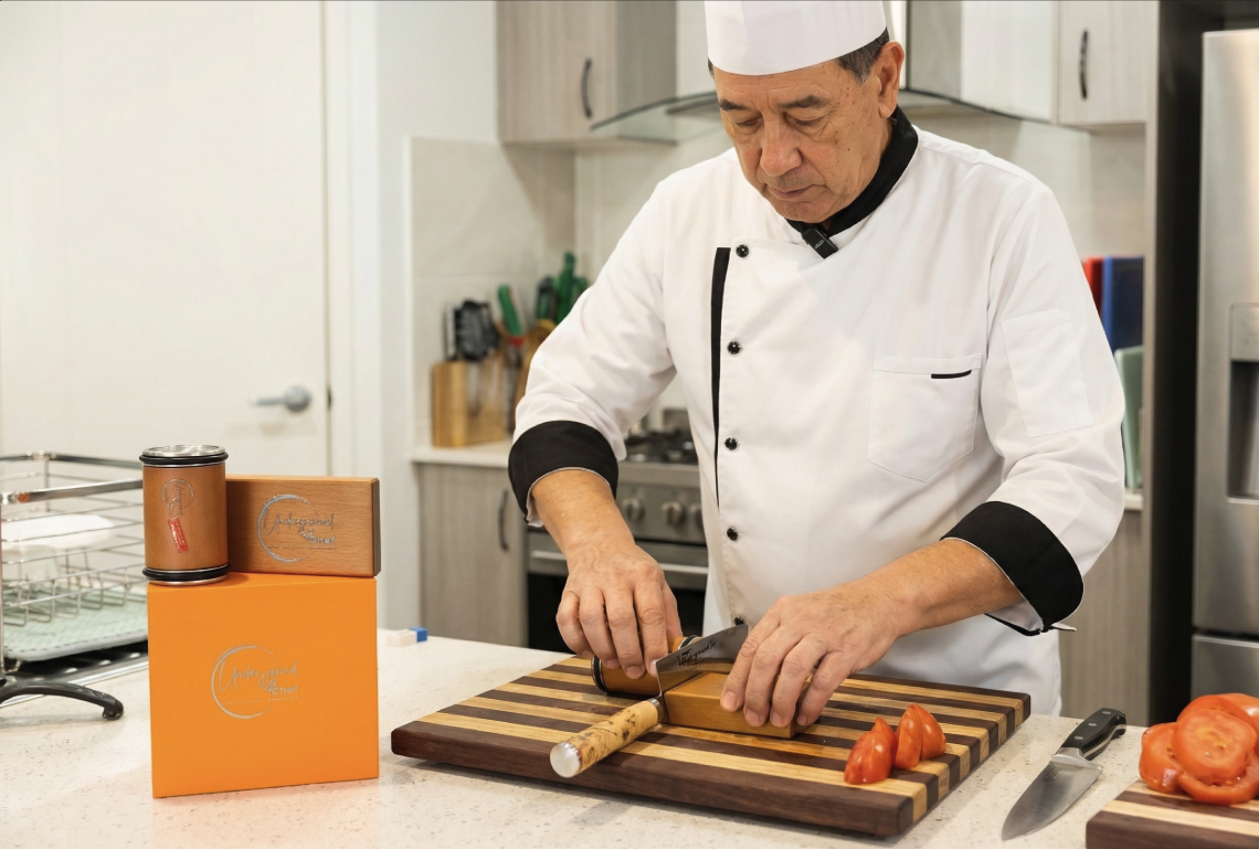 Chef Ian demonstrating the use of the Chef Tested Rolling Knife Sharpener in the home kitchen