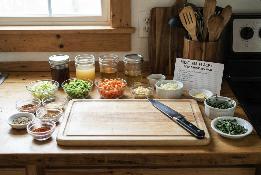 Kitchen Bench with clean cutting board and knife, bowls of prepared foods