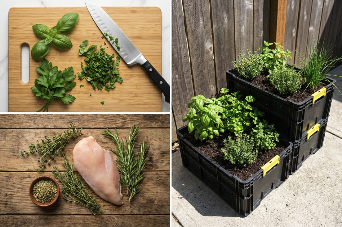 Three part photo of herbs - growing, chpping, using in a meal