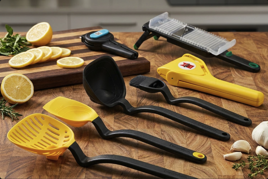 Chef Ian’s Magnificent 7 Kitchen Tools: Fluicer Fladle Brizzle Nocutu Dopener Lestrain Supoon