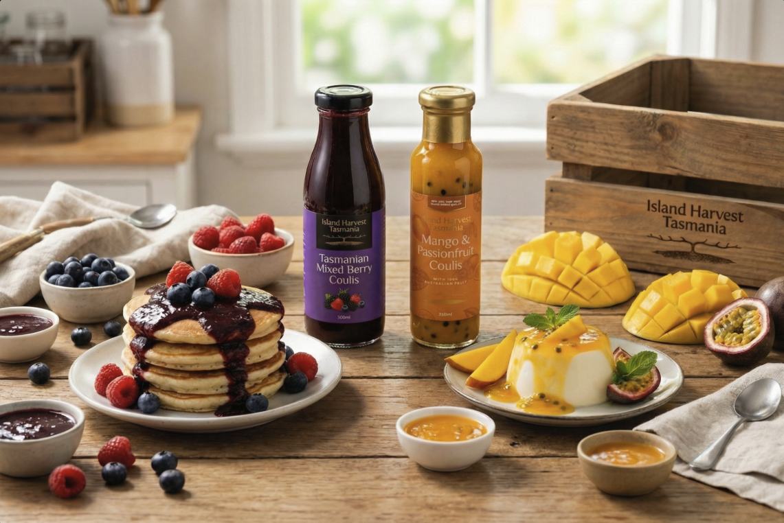 Island Harvest Tasmania mango and passionfruit and mixed berry coulis served with pancakes, fresh berries, and panna cotta on a rustic table setting