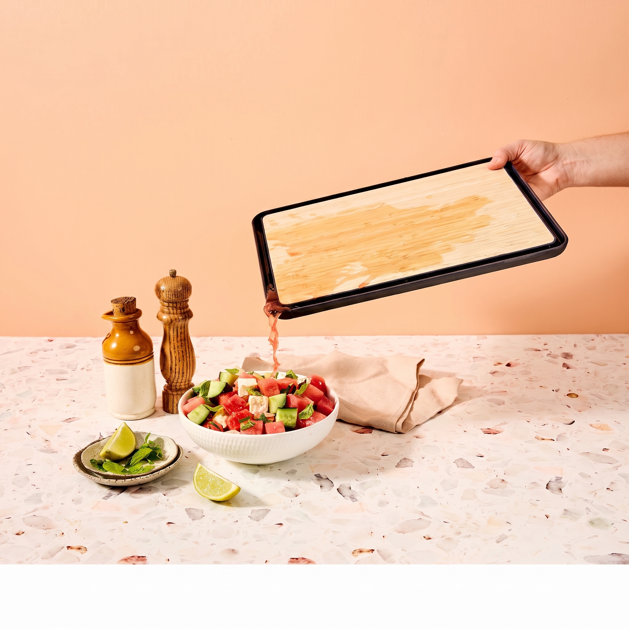 Dreamfarm Big Fledge Bamboo Cutting Board - pouring juice into bowl