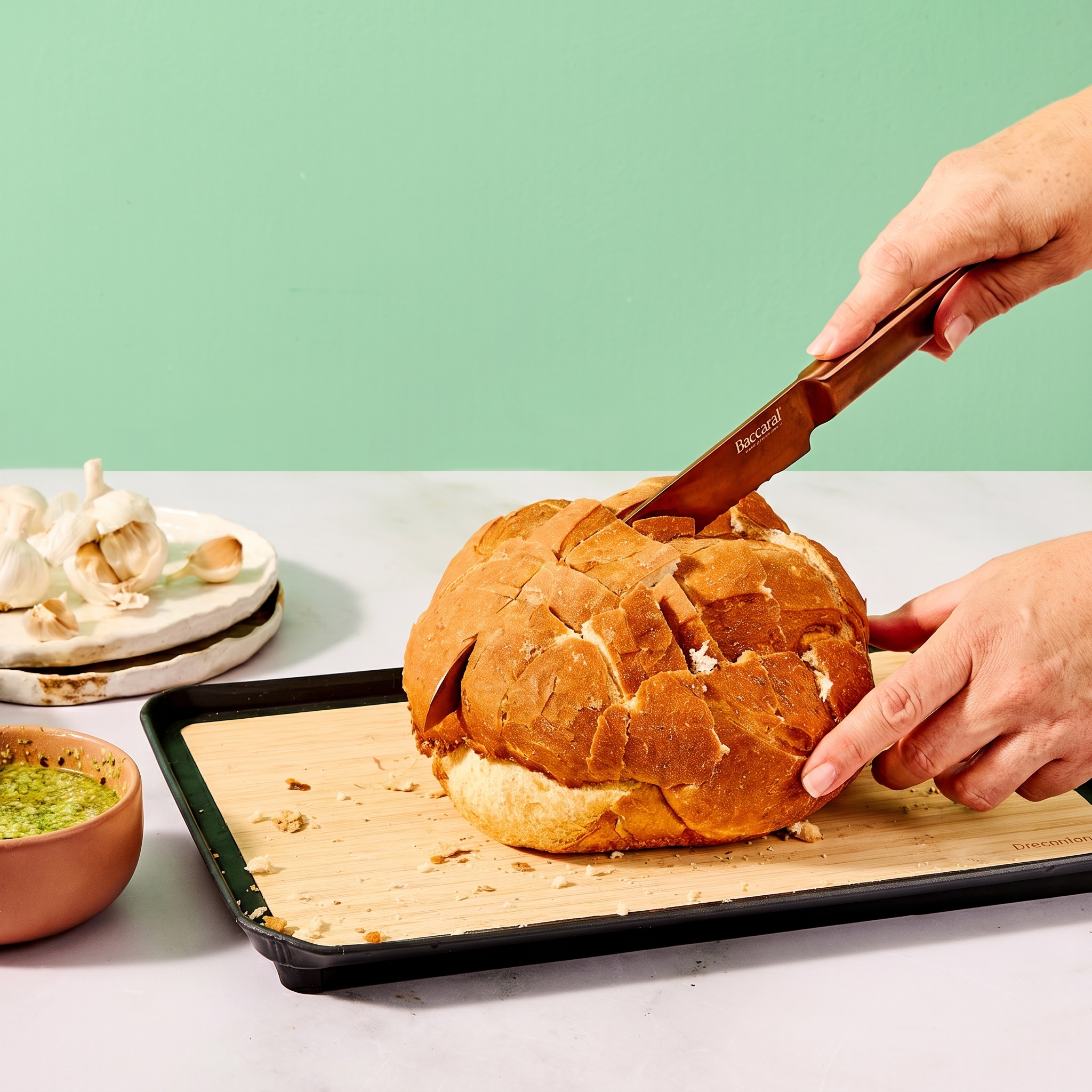 Dreamfarm Big Fledge Bamboo Cutting Board - lipped uo to cutting to catch bread crumbs