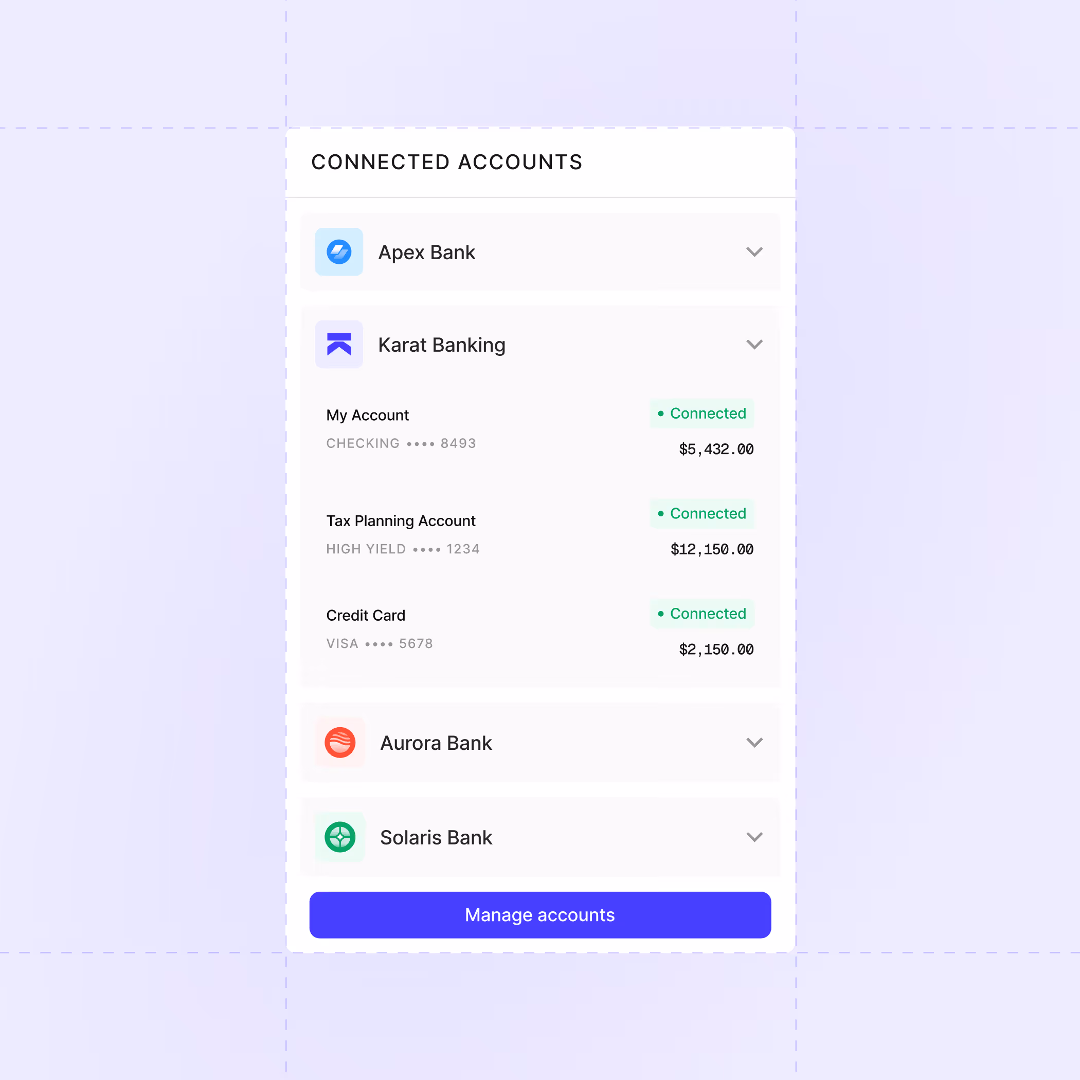 Karat connected bank accounts view