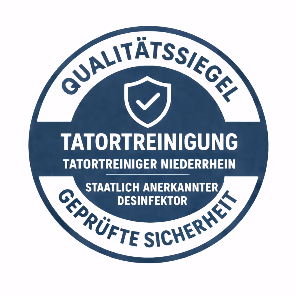 Qualitätssiegel für Tatortreinigung mit Schildsymbol und Text ‚Tatortreiniger Niederrhein, staatlich anerkannter Desinfektor, geprüfte Sicherheit‘.