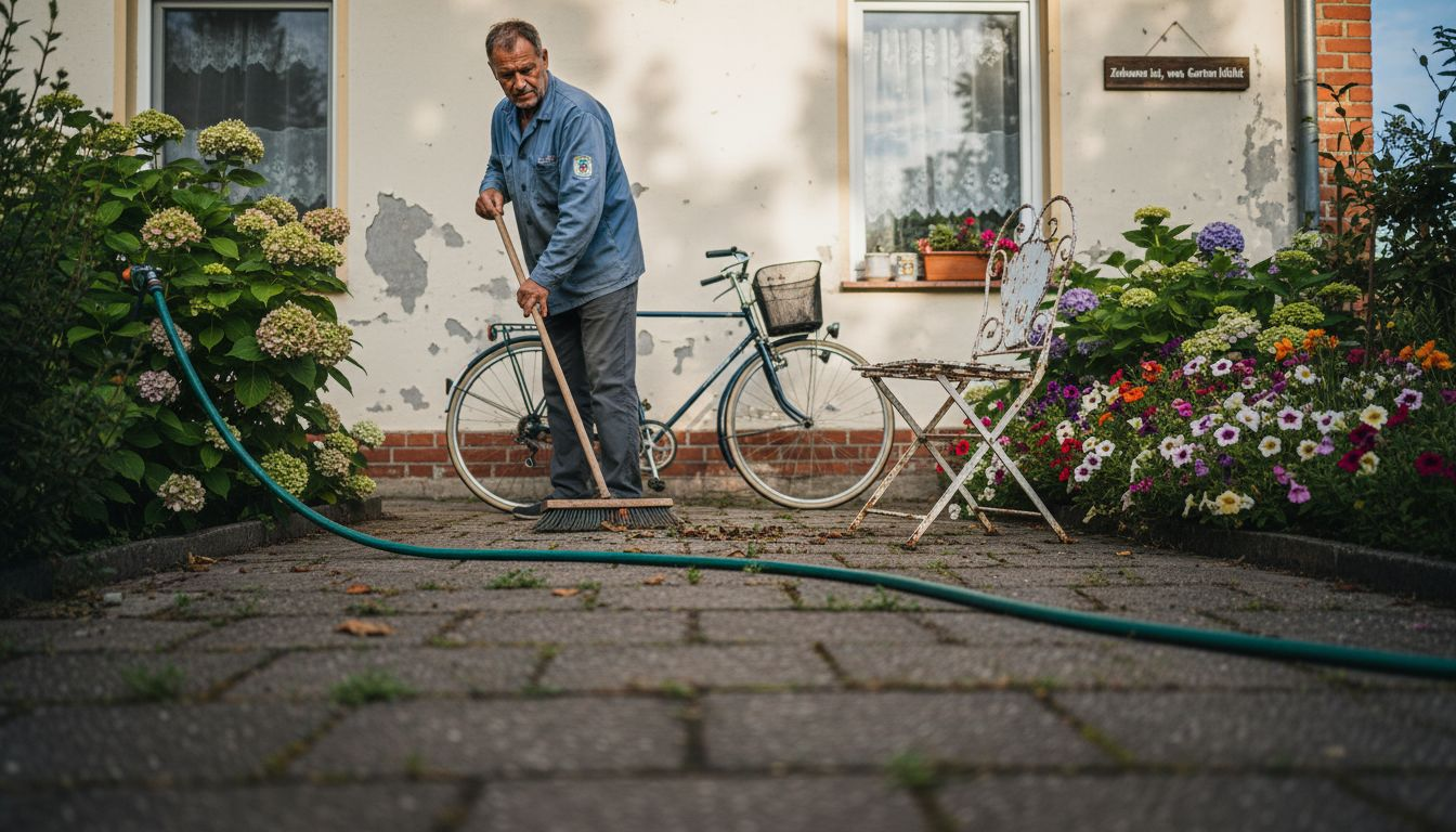 Ein Mann bringt den Garten für ein Immobilien-Fotoshooting auf Vordermann.