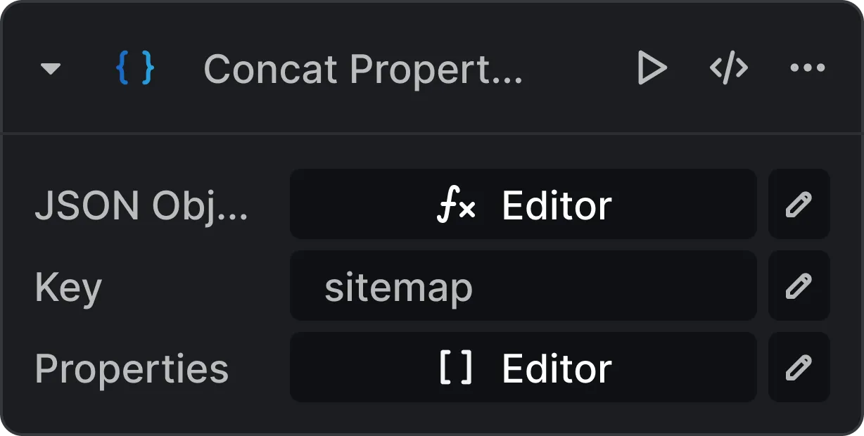 UI panel titled 'Concat Properties' with fields for JSON Object, Key set to 'sitemap', and Properties as an empty array.