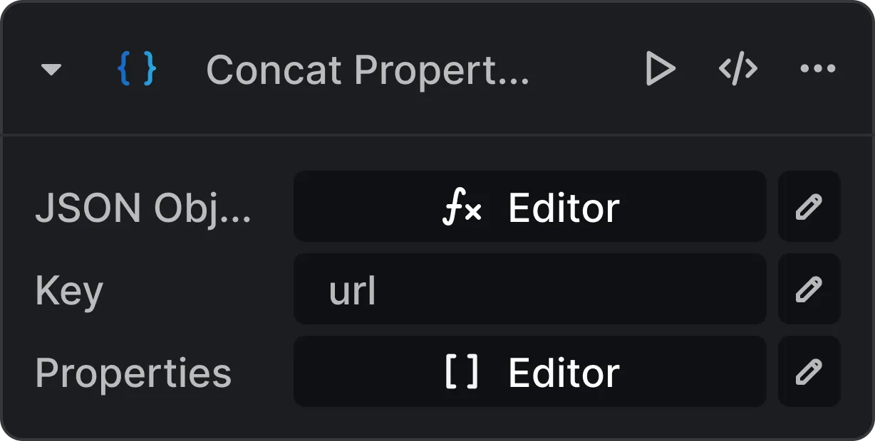 User interface panel titled 'Concat Propert...' showing fields for JSON Object with an Editor button, Key set to 'url', and Properties with an Editor button.