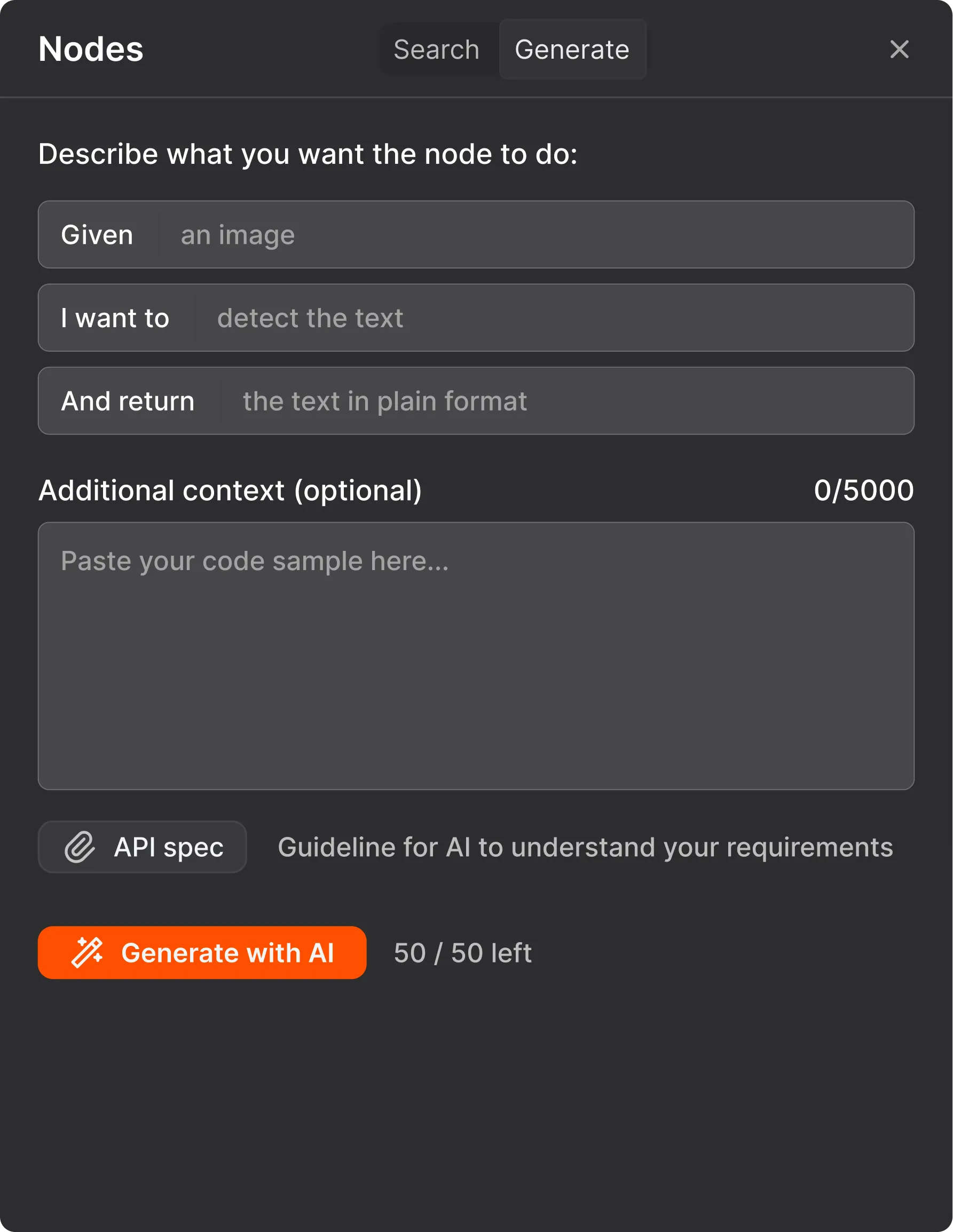 User interface for creating a node to detect text from an image and return it in plain format, with fields for input and a 'Generate with AI' button.