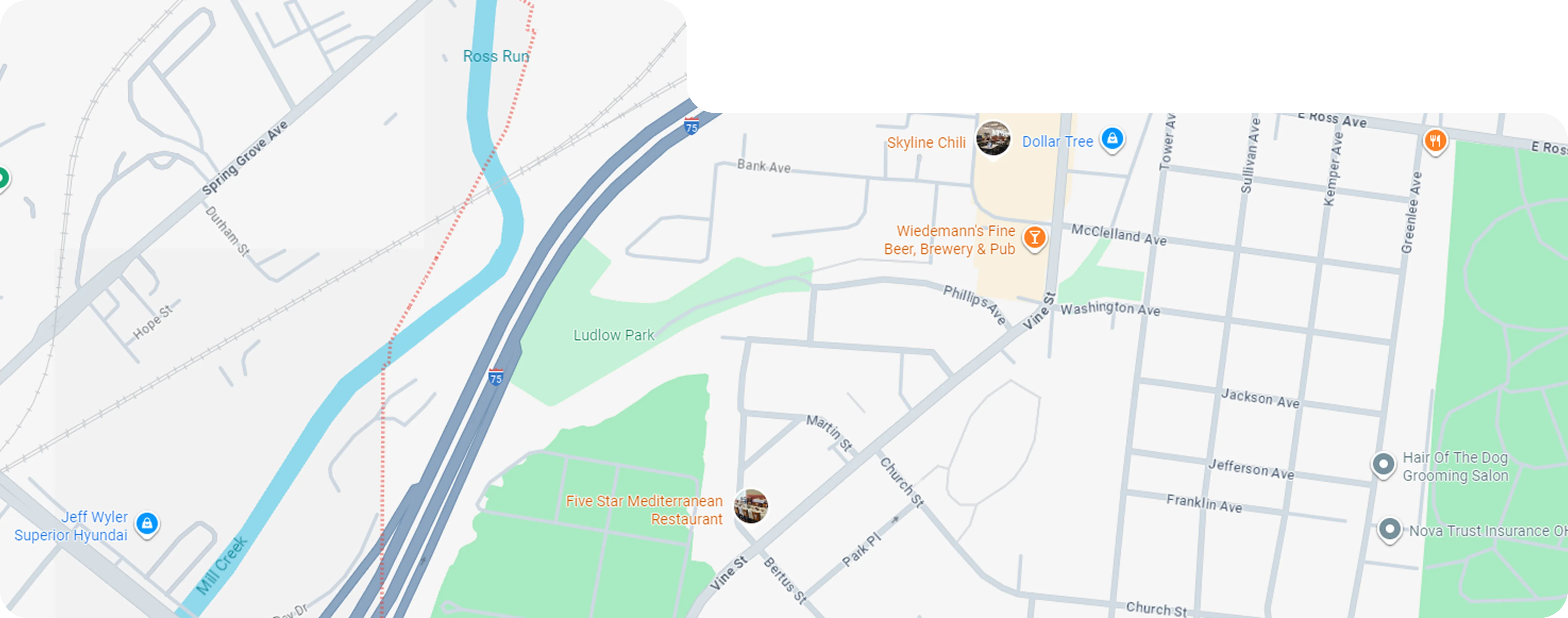 Map showing Ludlow Park near I-75 with nearby streets including Vine St, Church St, and Phillips Ave, plus locations like Five Star Mediterranean Restaurant and Wiedemann's Fine Beer Brewery & Pub.