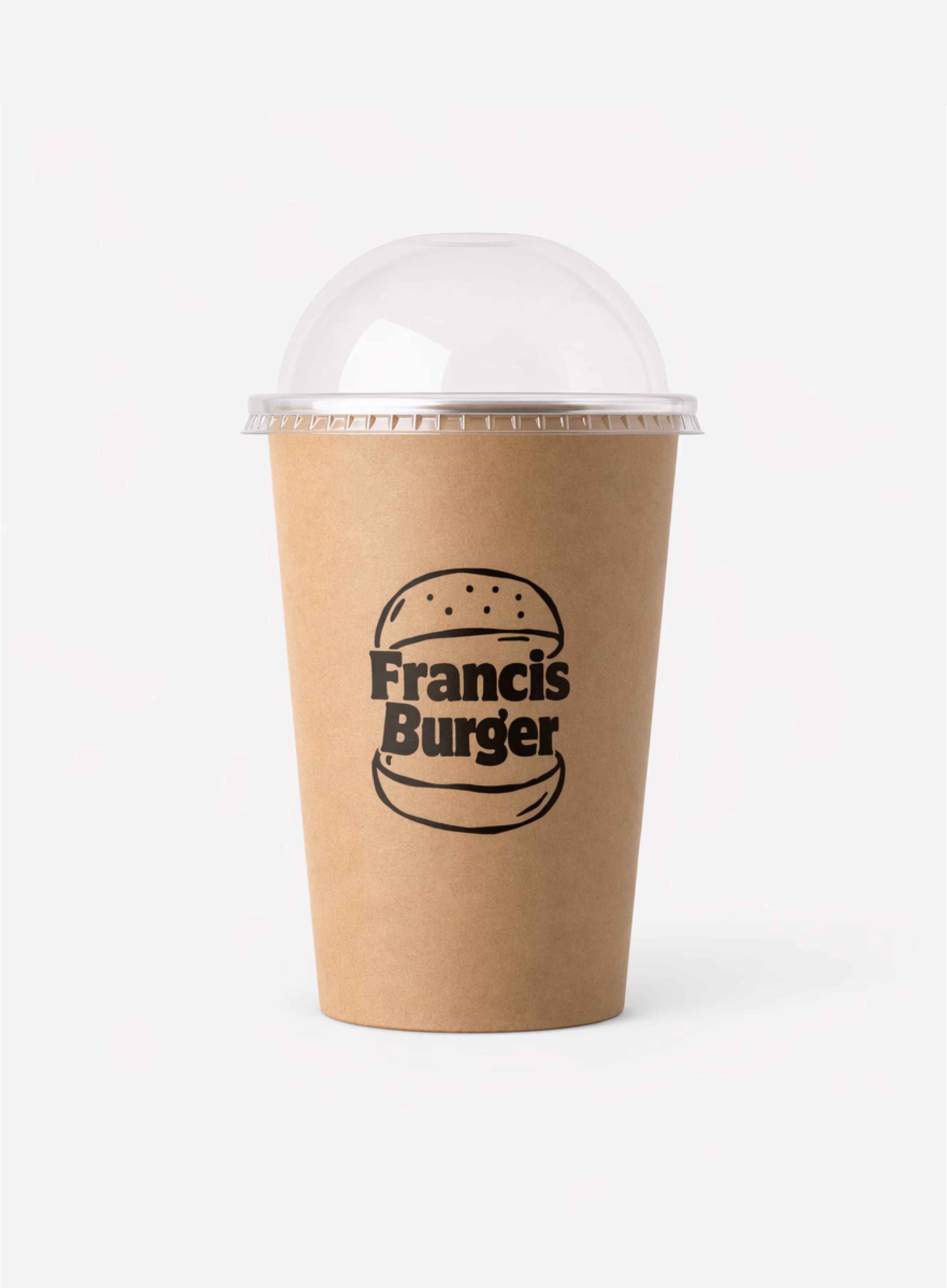 Produktbild på en brun pappersmugg med profiltryck för kalldryck, med lock.