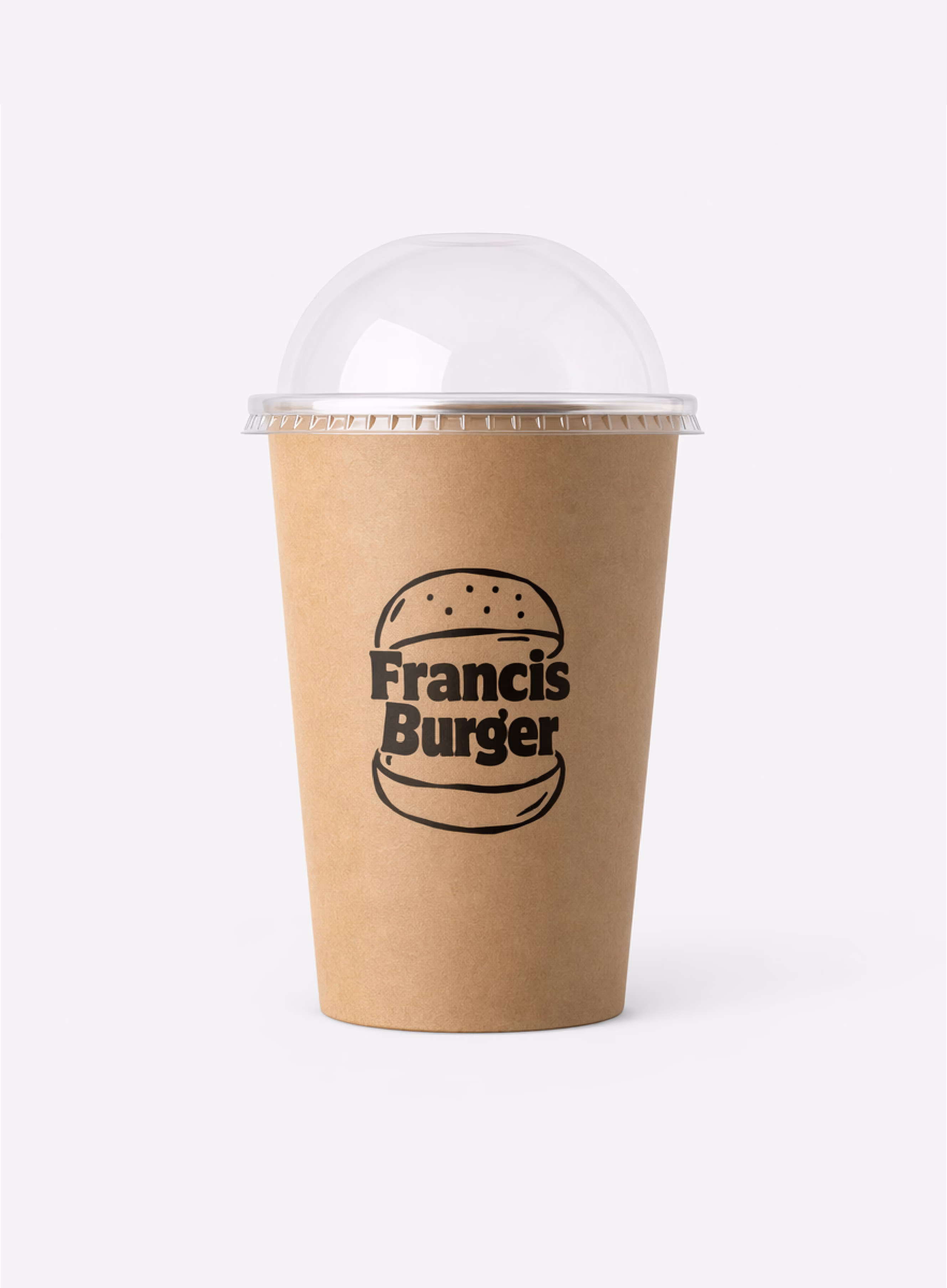 Produktbild på en brun pappersmugg med profiltryck för kalldryck, med lock.