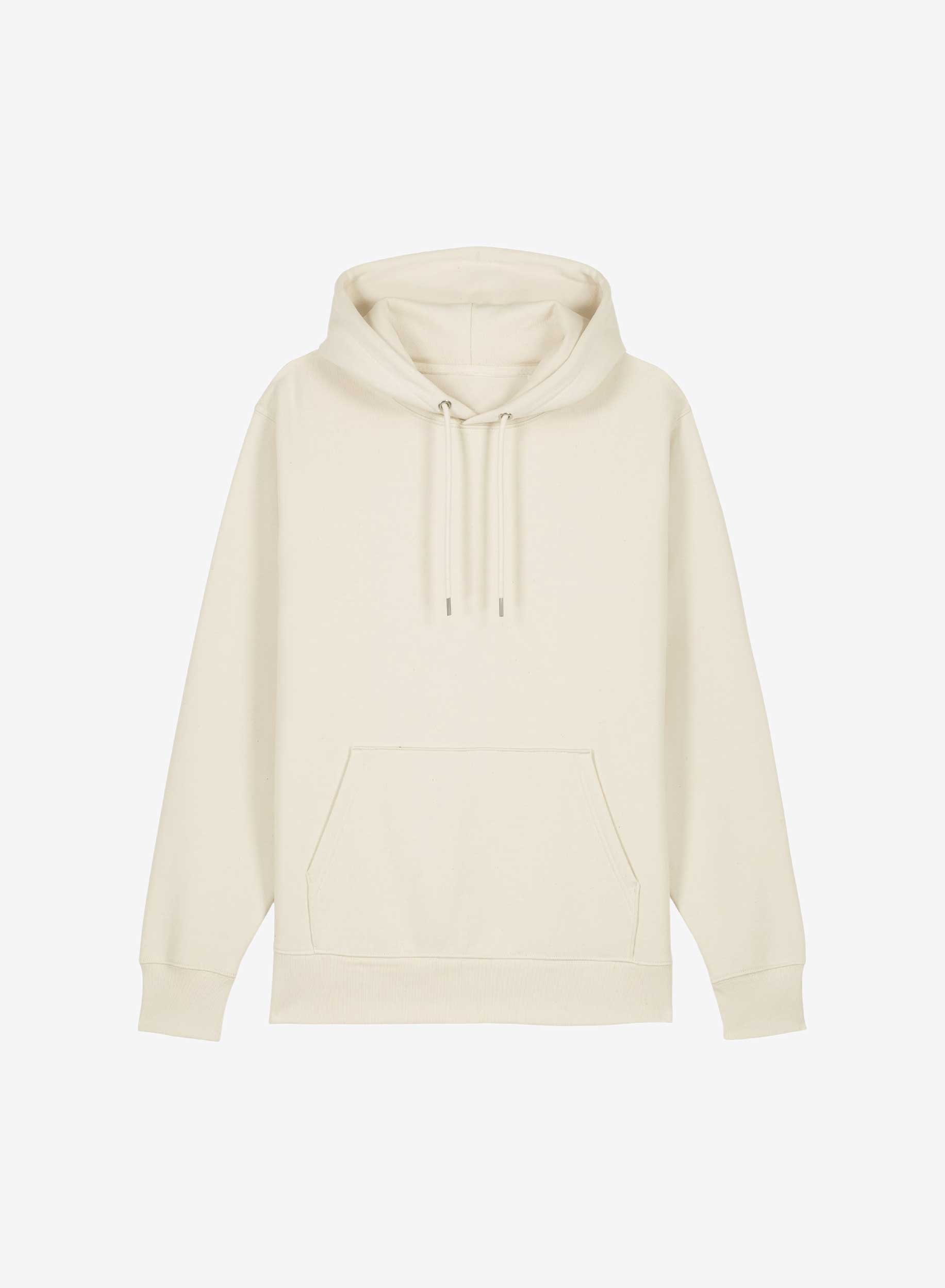 Produktbild på en unisex hoodie i ekologisk bomullsfleece med dubbel luva och dragsko med metallavslut.