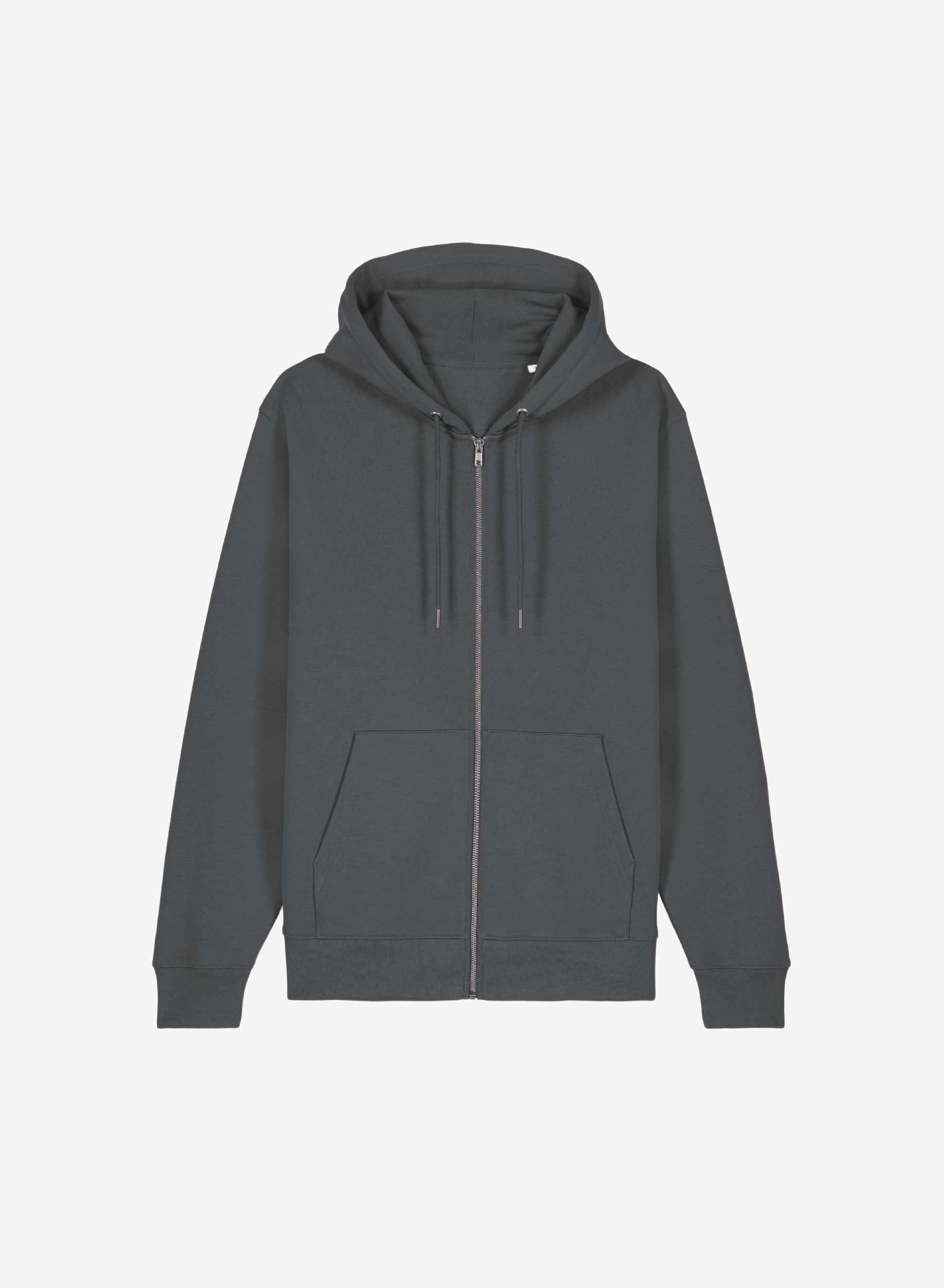 Produktbild på en unisex hoodie med dragkedja i bomullsfleece och dubbel luva.