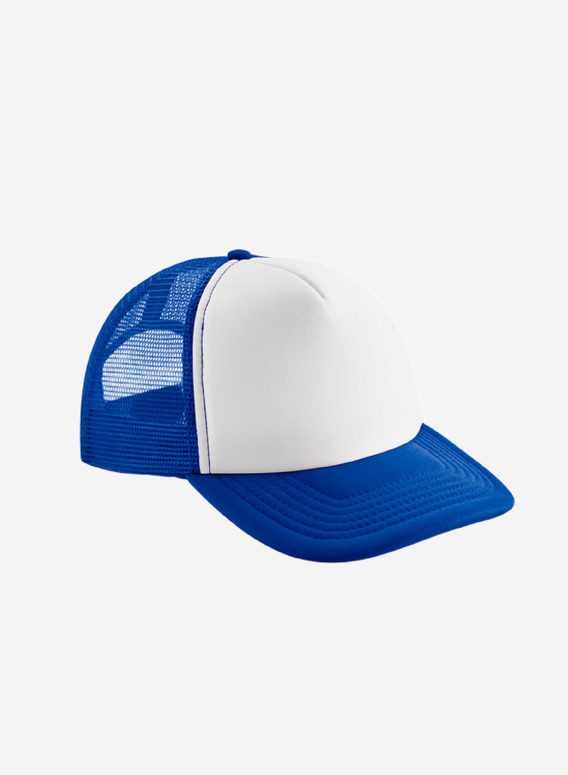 Produktbild på en fempanelskeps i polyester och nätmaterial med vadderad framsida och justerbart snapback-spänne.