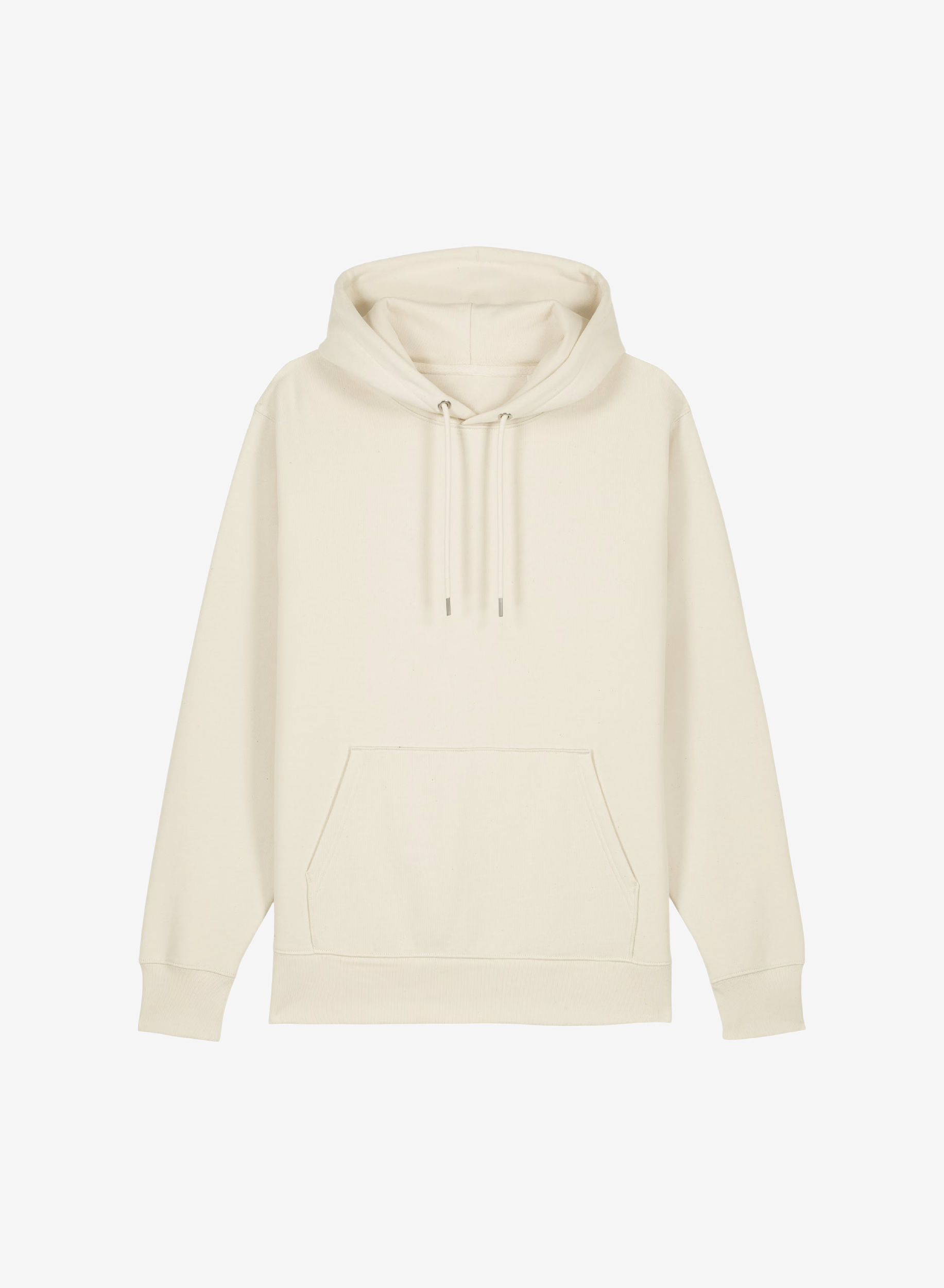 Produktbild på en unisex hoodie i ekologisk bomullsfleece med dubbel luva och dragsko med metallavslut.