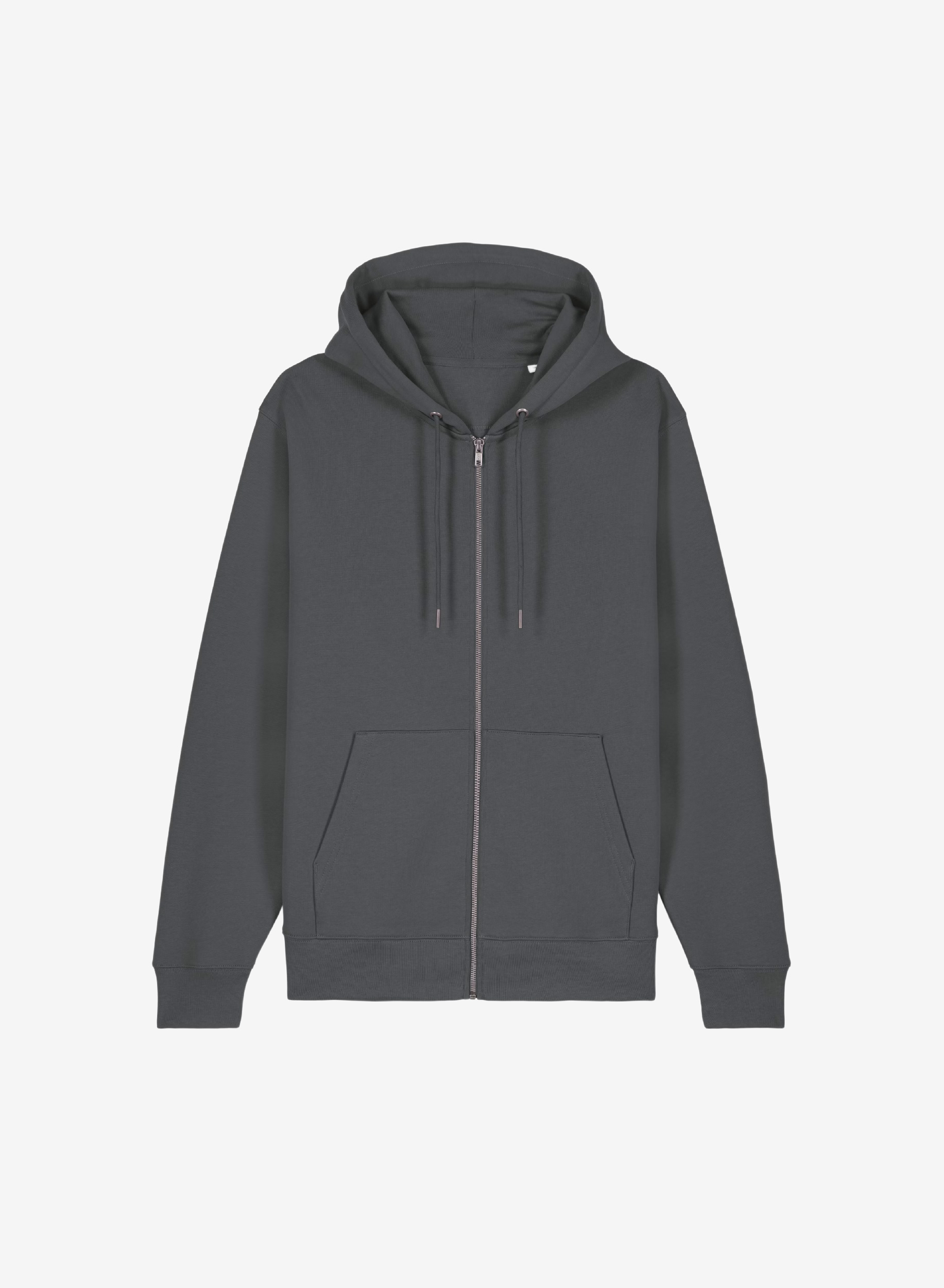 Produktbild på en unisex hoodie med dragkedja i bomullsfleece och dubbel luva.