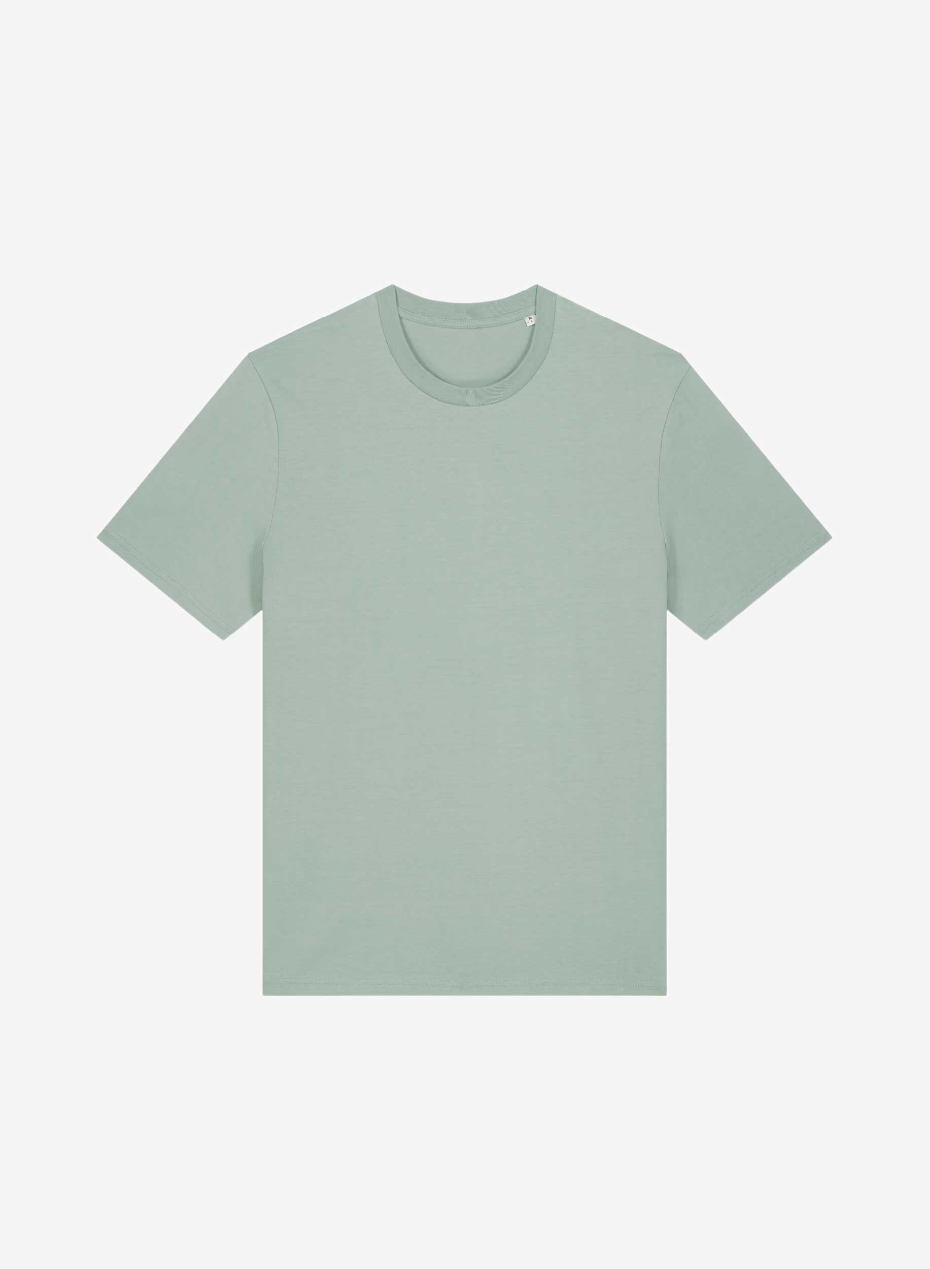 Produktbild på en unisex t-shirt i ekologisk bomull med rund hals och sidosömmar.