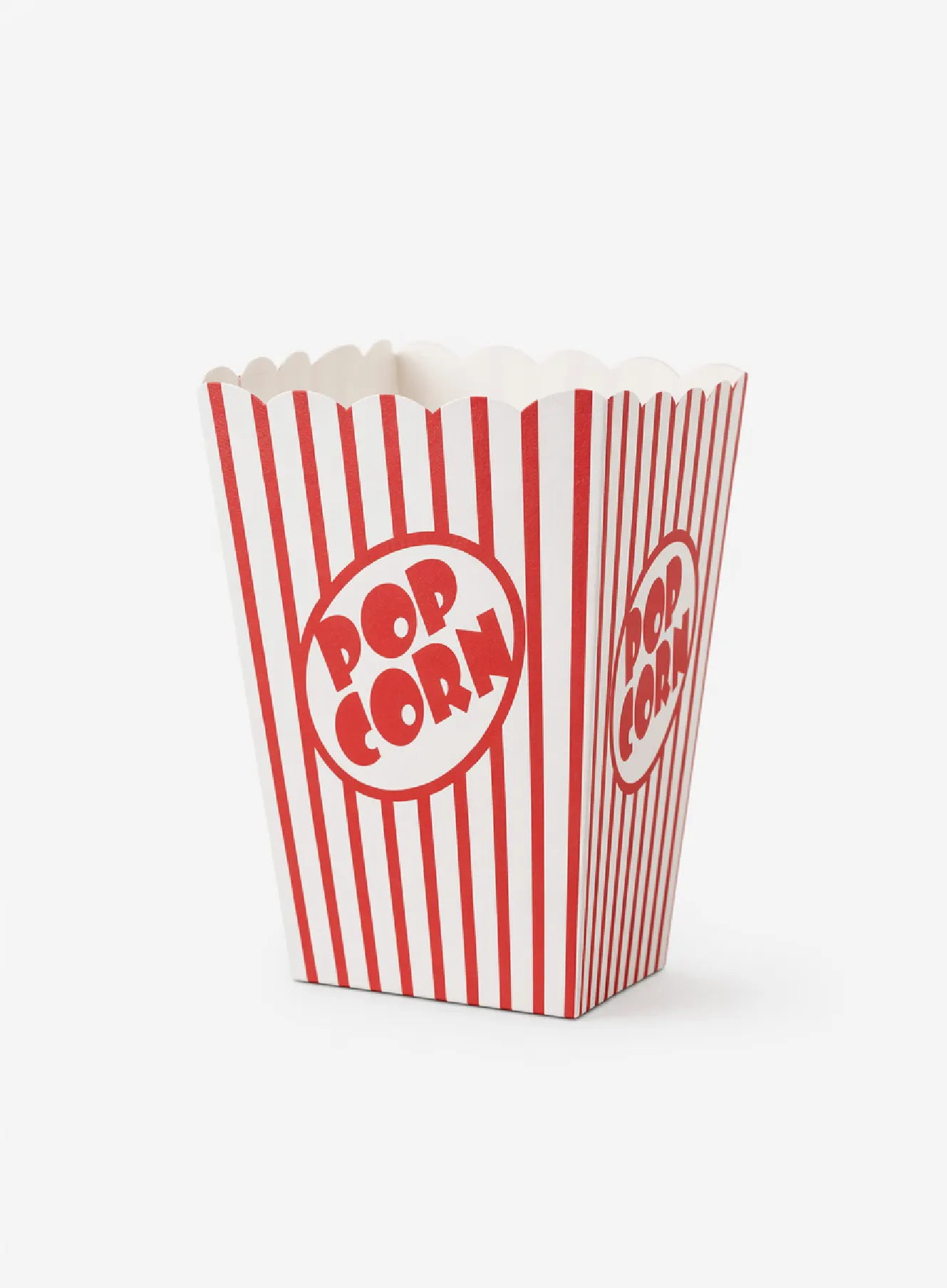 Produktbild på en pappersbägare för popcorn med profiltryck och hopvikbar botten.