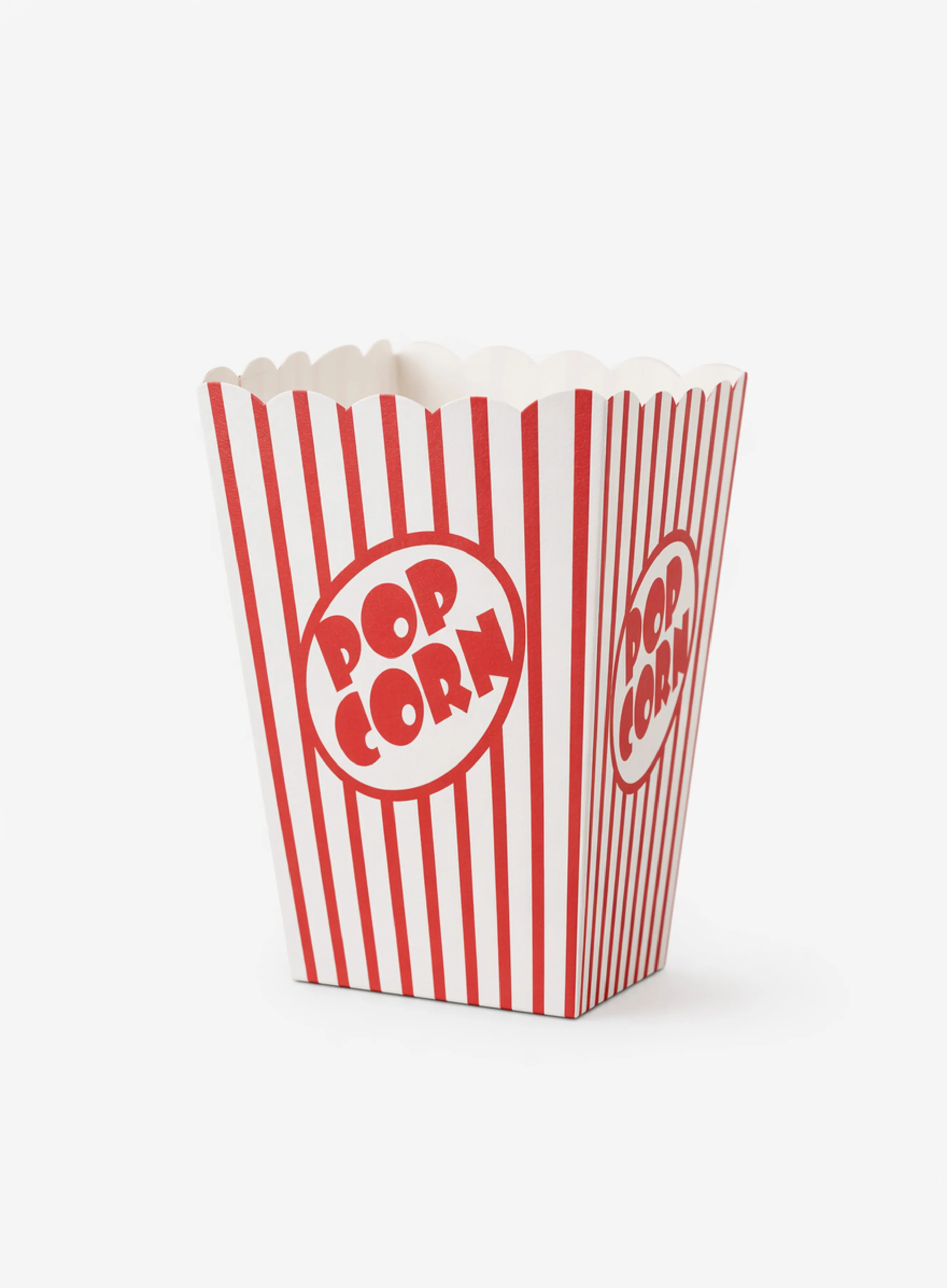 Produktbild på en pappersbägare för popcorn med profiltryck och hopvikbar botten.