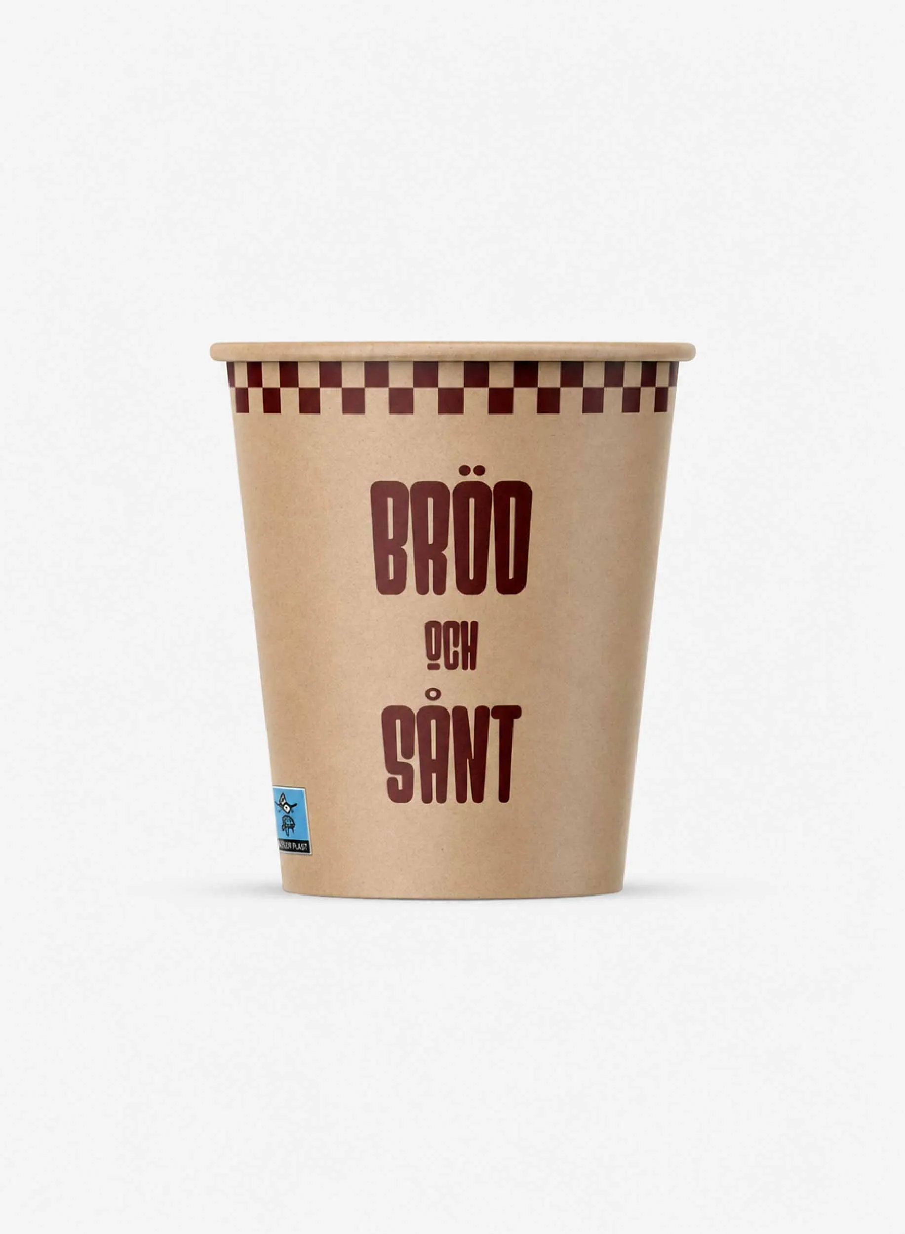 Produktbild på en brun pappersmugg med profiltryck för varmdryck.