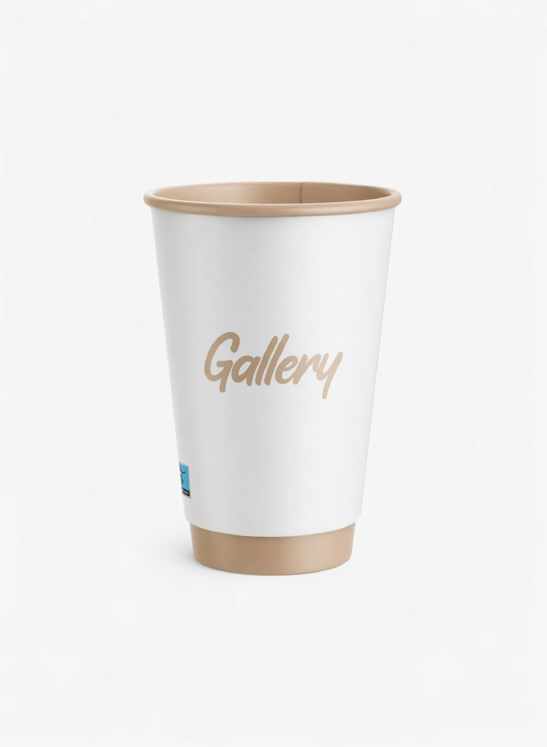 Produktbild på en brun pappersmugg med profiltryck och dubbel vägg för varmdryck.