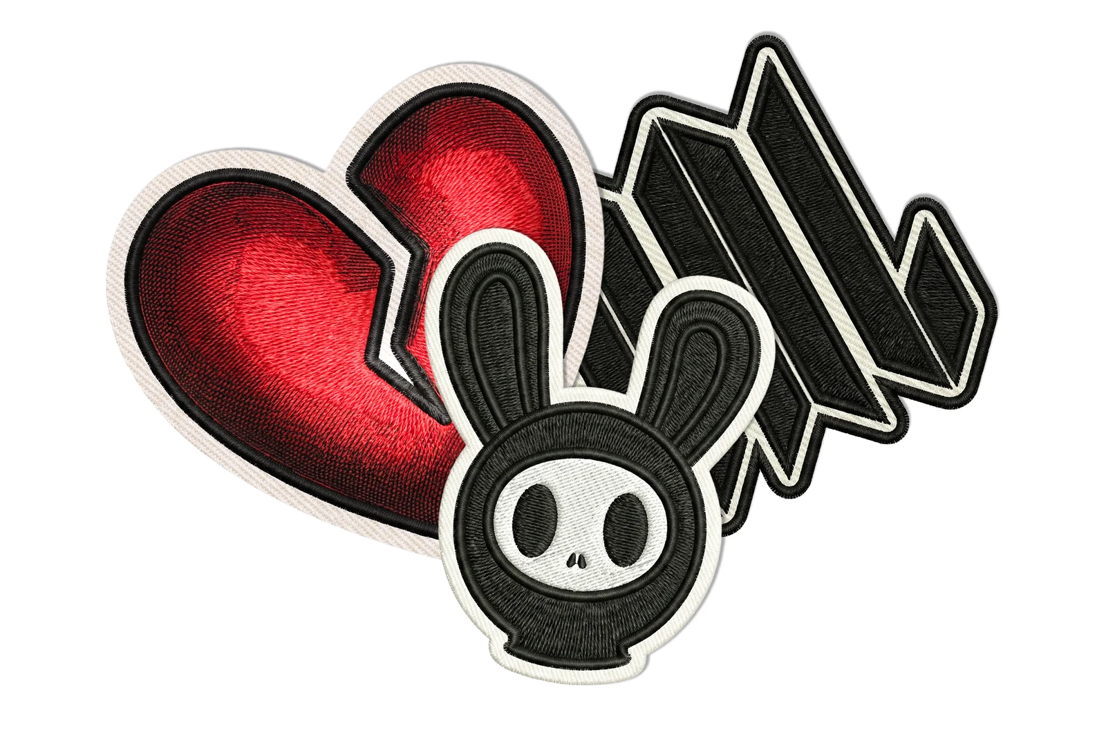 Three embroidered iron-on patches — broken heart, COAL wordmark and Coally head