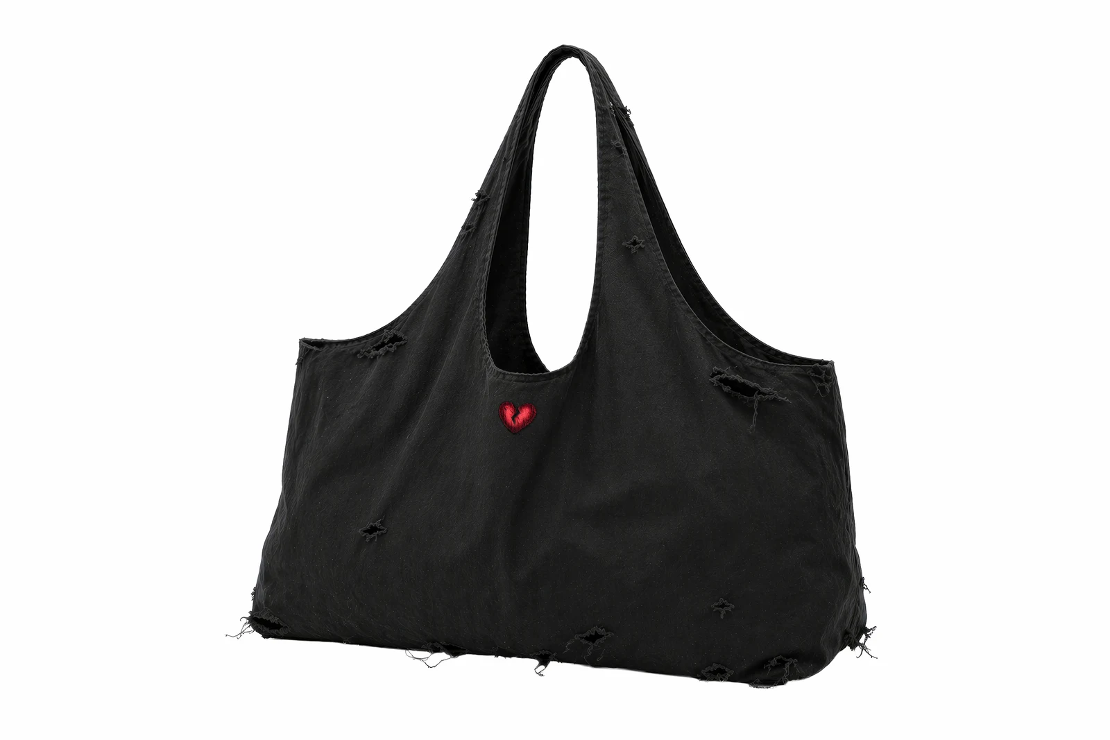 Black distressed canvas tote bag with red broken heart