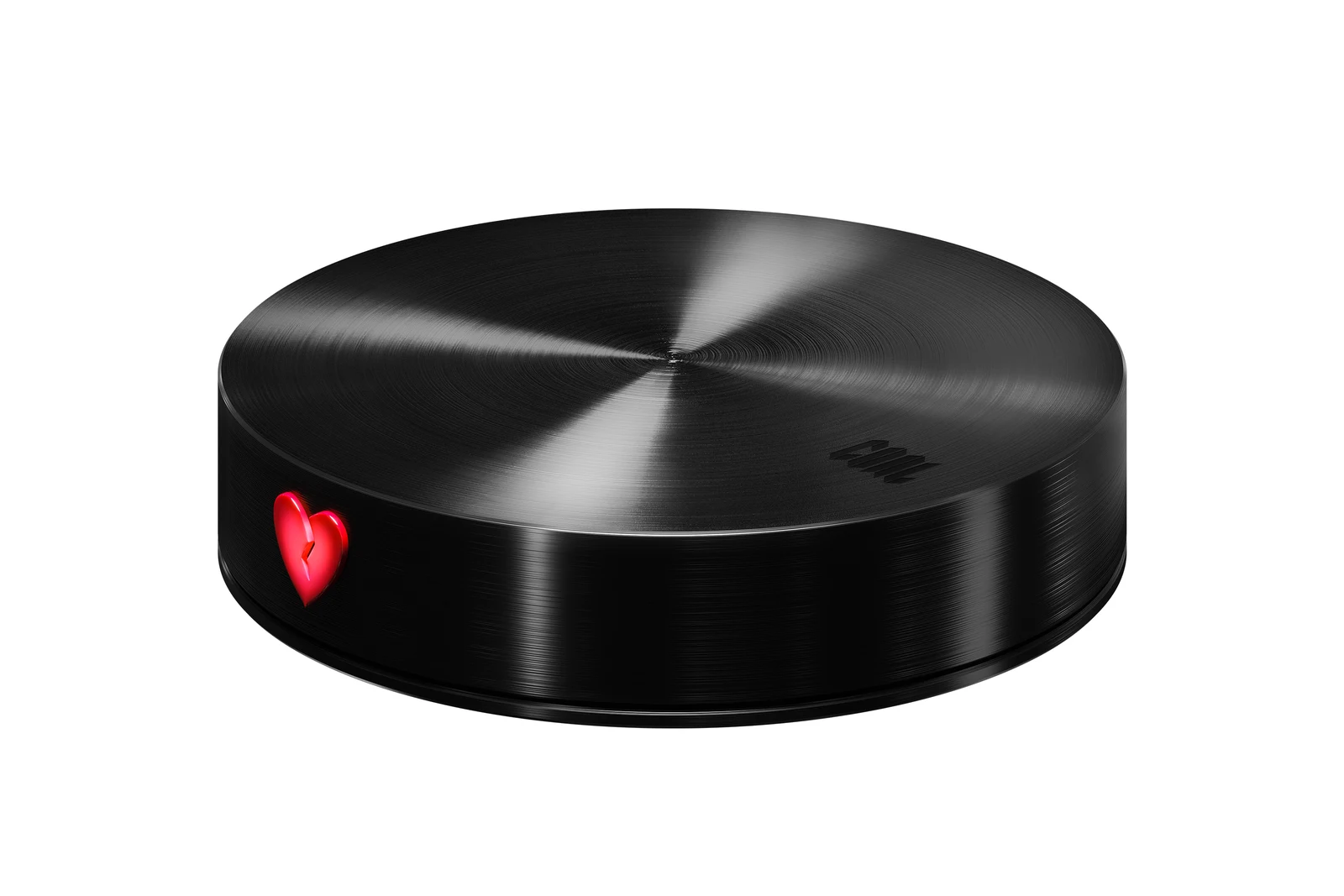 Round brushed-black metal display stand with red enamel broken heart