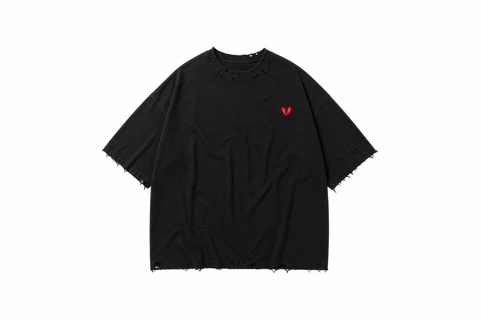 Black distressed oversized t-shirt with embroidered red broken heart