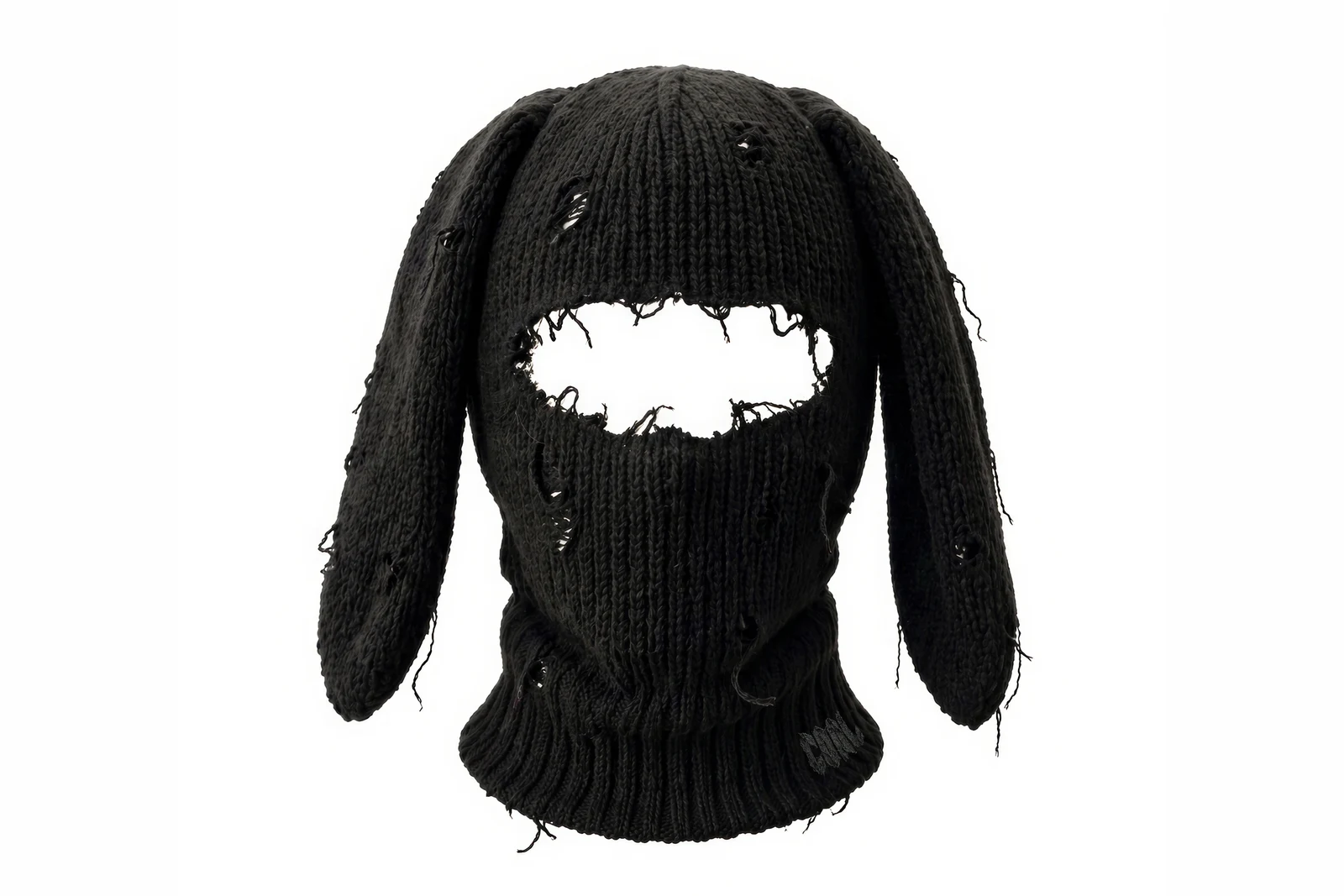Black hand-knit distressed balaclava with long bunny ears
