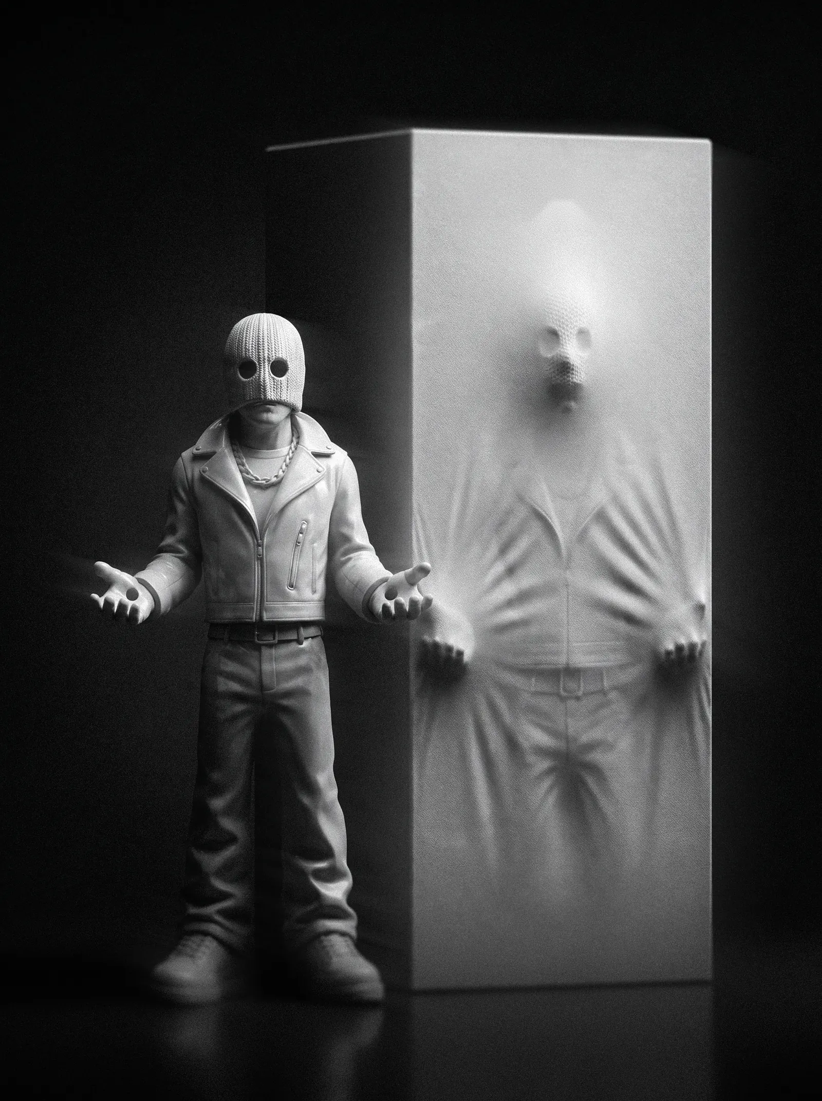 Holy Smoke standing next to his box in a dark studio