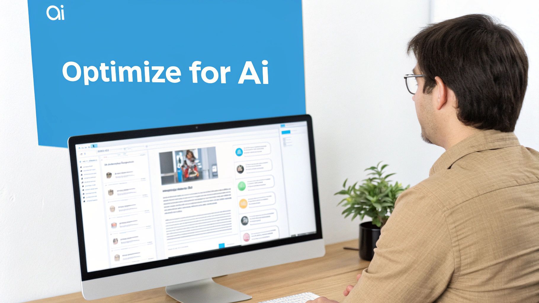 A man wearing glasses views a computer screen displaying an interface with 'Optimize for Ai' on a blue banner.