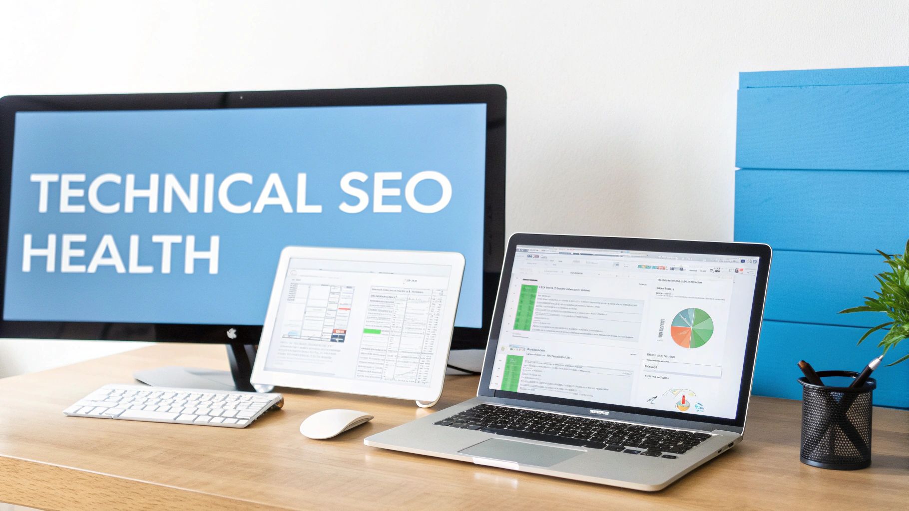 A desk setup with a monitor displaying 'TECHNICAL SEO HEALTH', a tablet, and a laptop showing SEO audit data and reports.