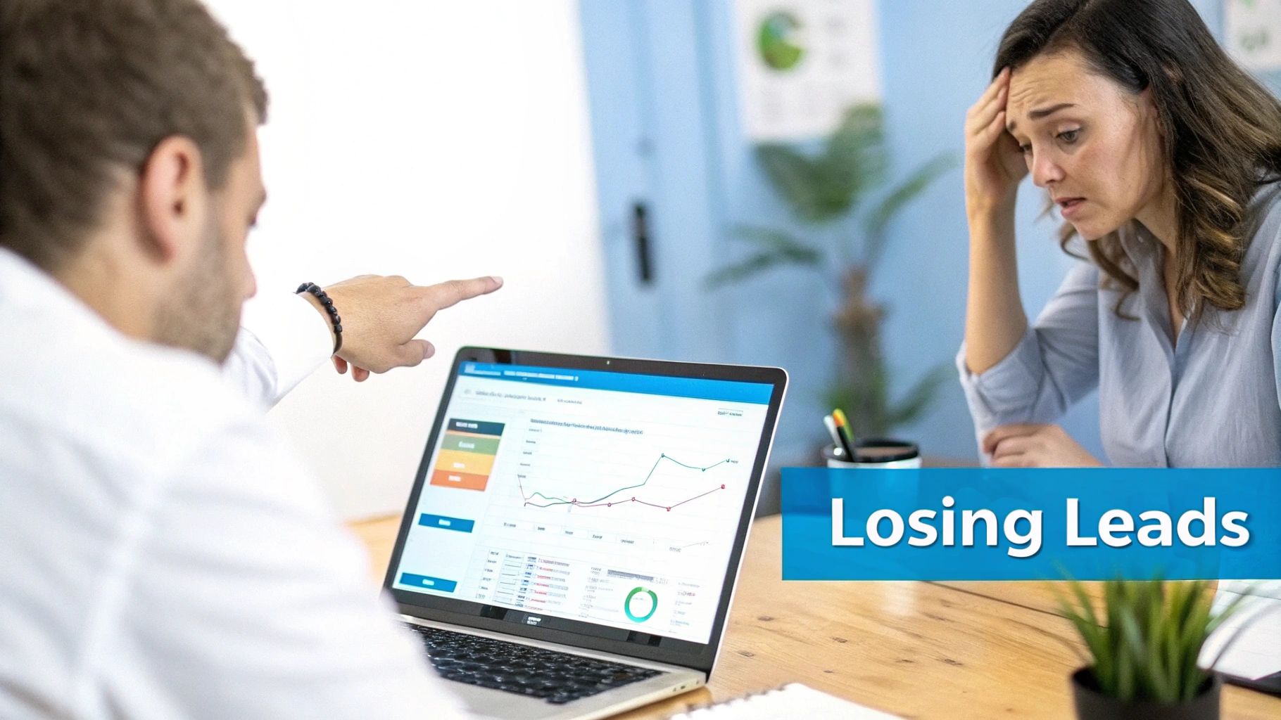 Man points at laptop showing declining sales data while a distressed woman reacts to losing leads.
