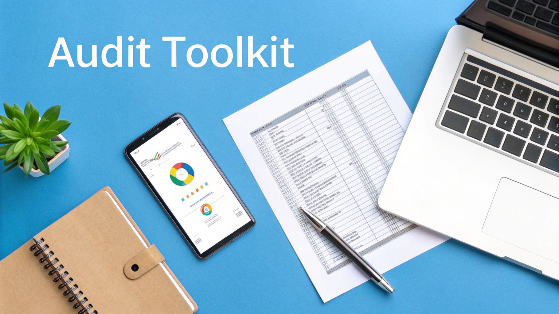 Flat lay of a blue desk with 'Audit Toolkit' text, laptop, smartphone, document, and pen.