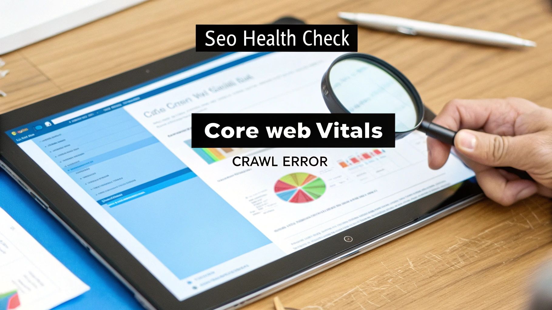 Hand with magnifying glass reviewing SEO health check, Core Web Vitals, and crawl errors on a tablet.