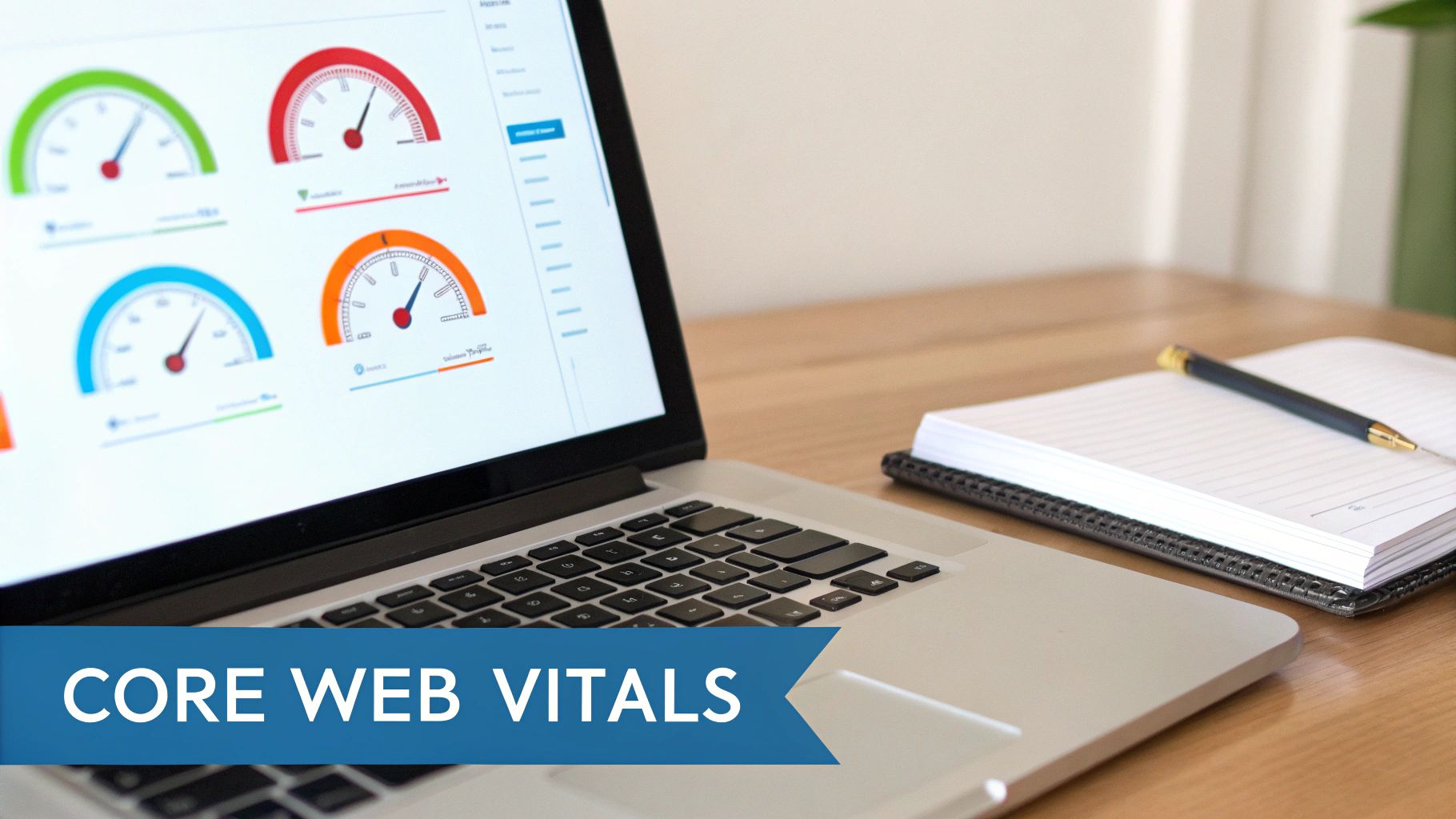 Laptop showing Core Web Vitals dashboard with colorful gauge charts, a notebook, and pen on a wooden desk.