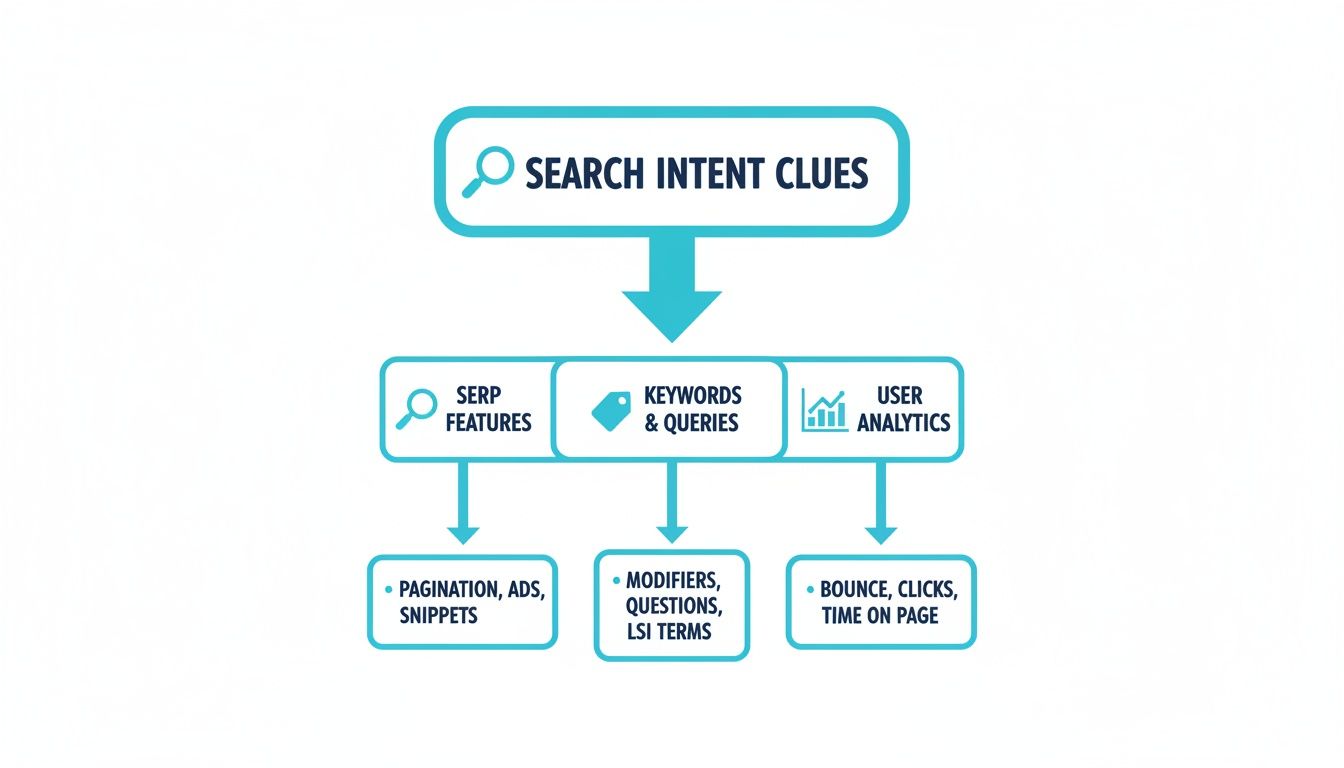 Flowchart illustrating search intent clues from SERP features, keywords, and user analytics.