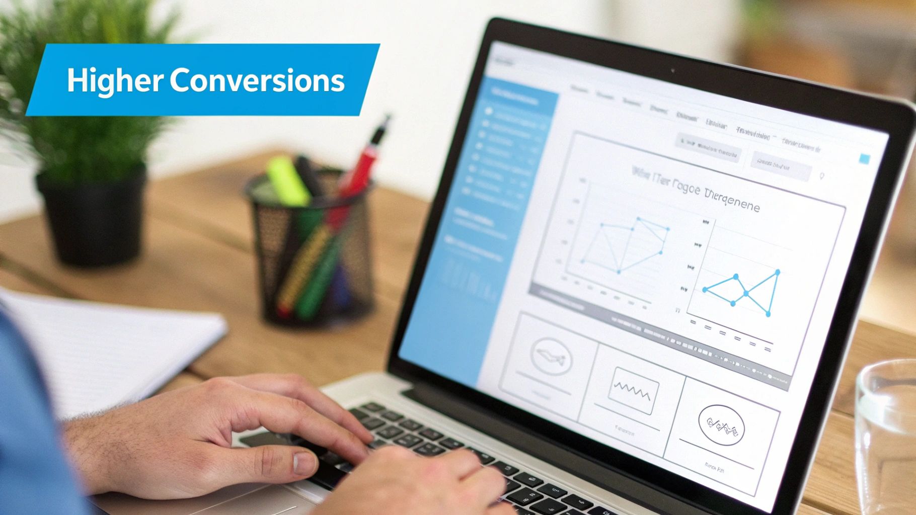 Person typing on a laptop displaying data, graphs, and a banner "Higher Conversions".