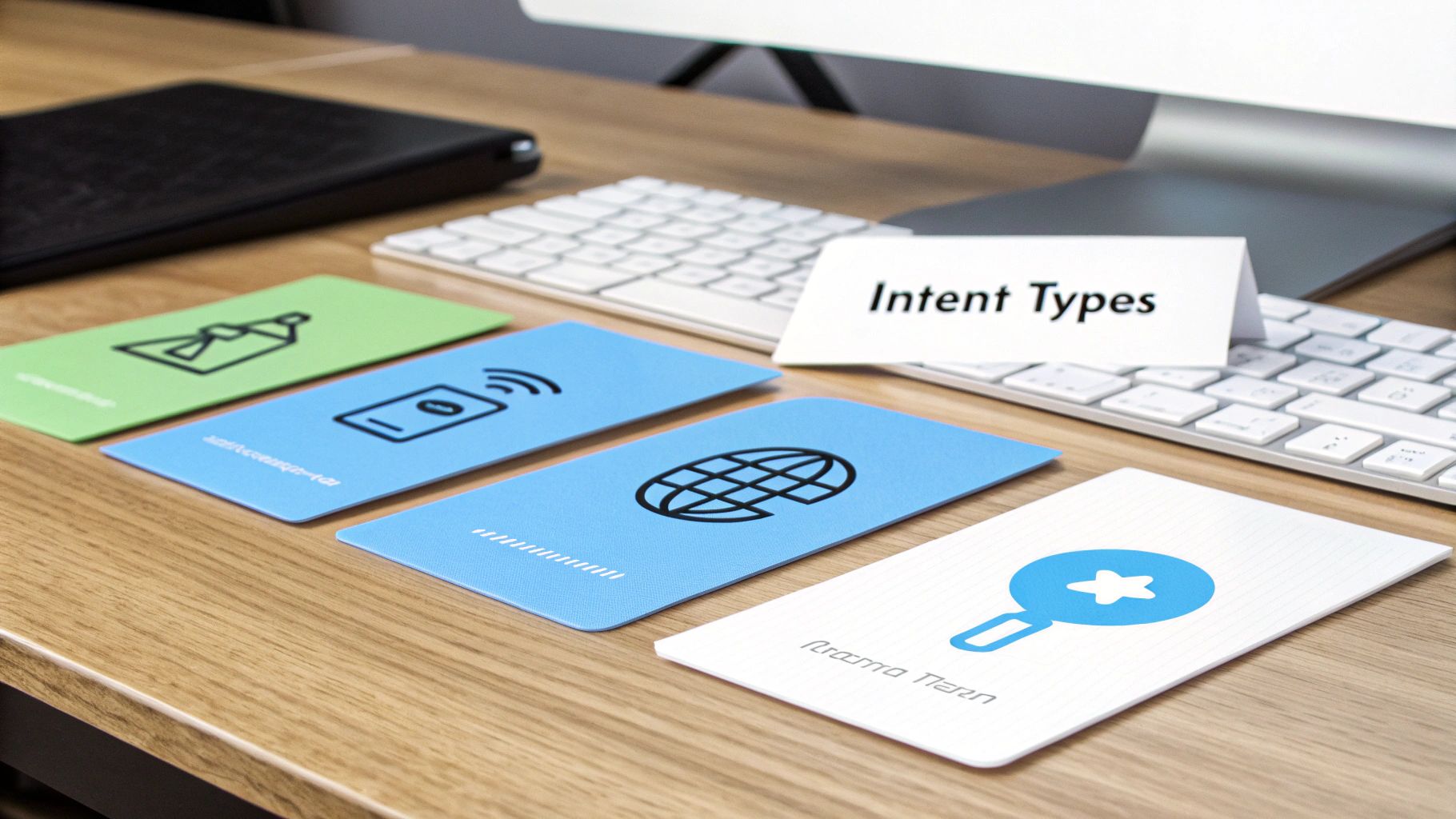 Four cards with distinct icons representing different intent types, displayed on a wooden desk with an 'Intent Types' sign and a keyboard.