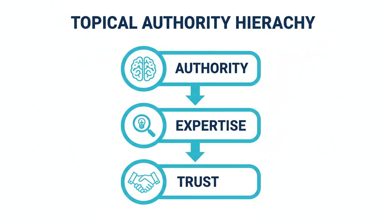 A hierarchical diagram illustrating topical authority, showing Authority leading to Expertise, and then to Trust.