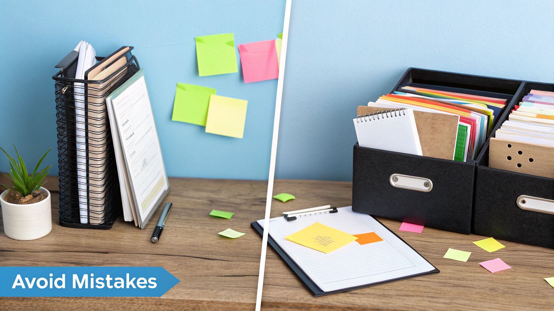 Split image showing two organized desk setups with notebooks, files, and colorful sticky notes for efficient work.