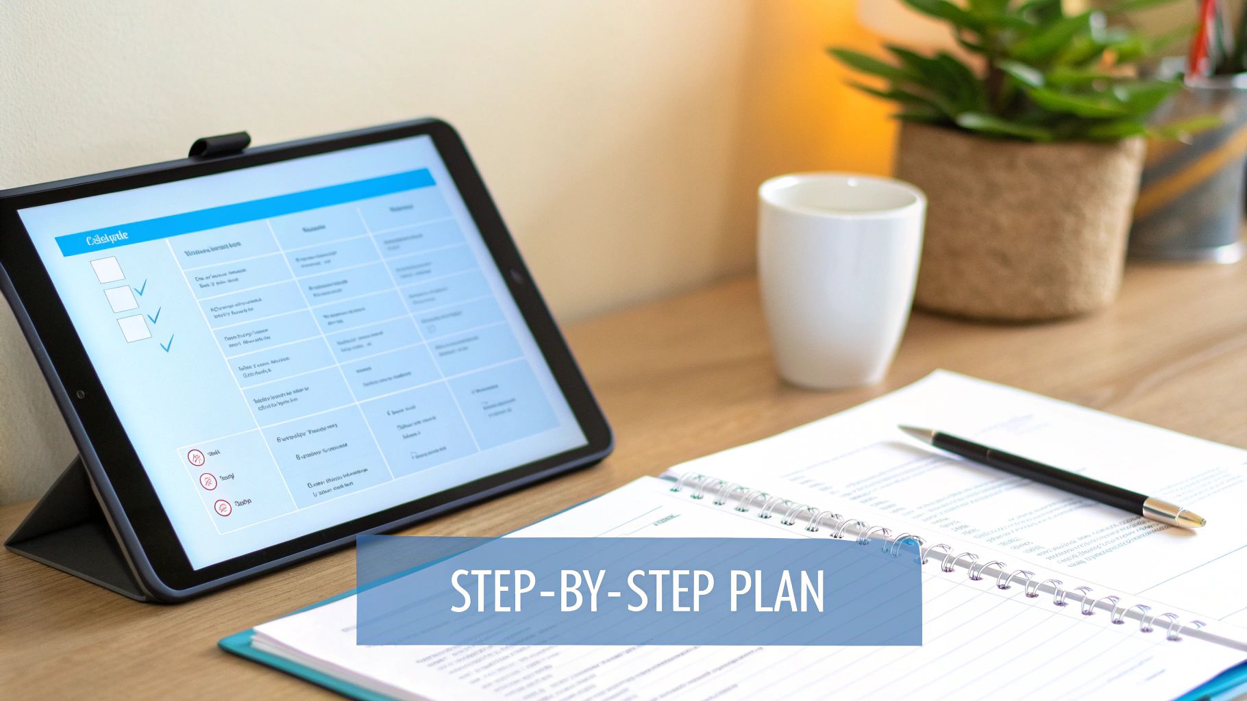 A desk setup with a tablet displaying a checklist, a notebook with a pen, and a 'STEP-BY-STEP PLAN' banner.