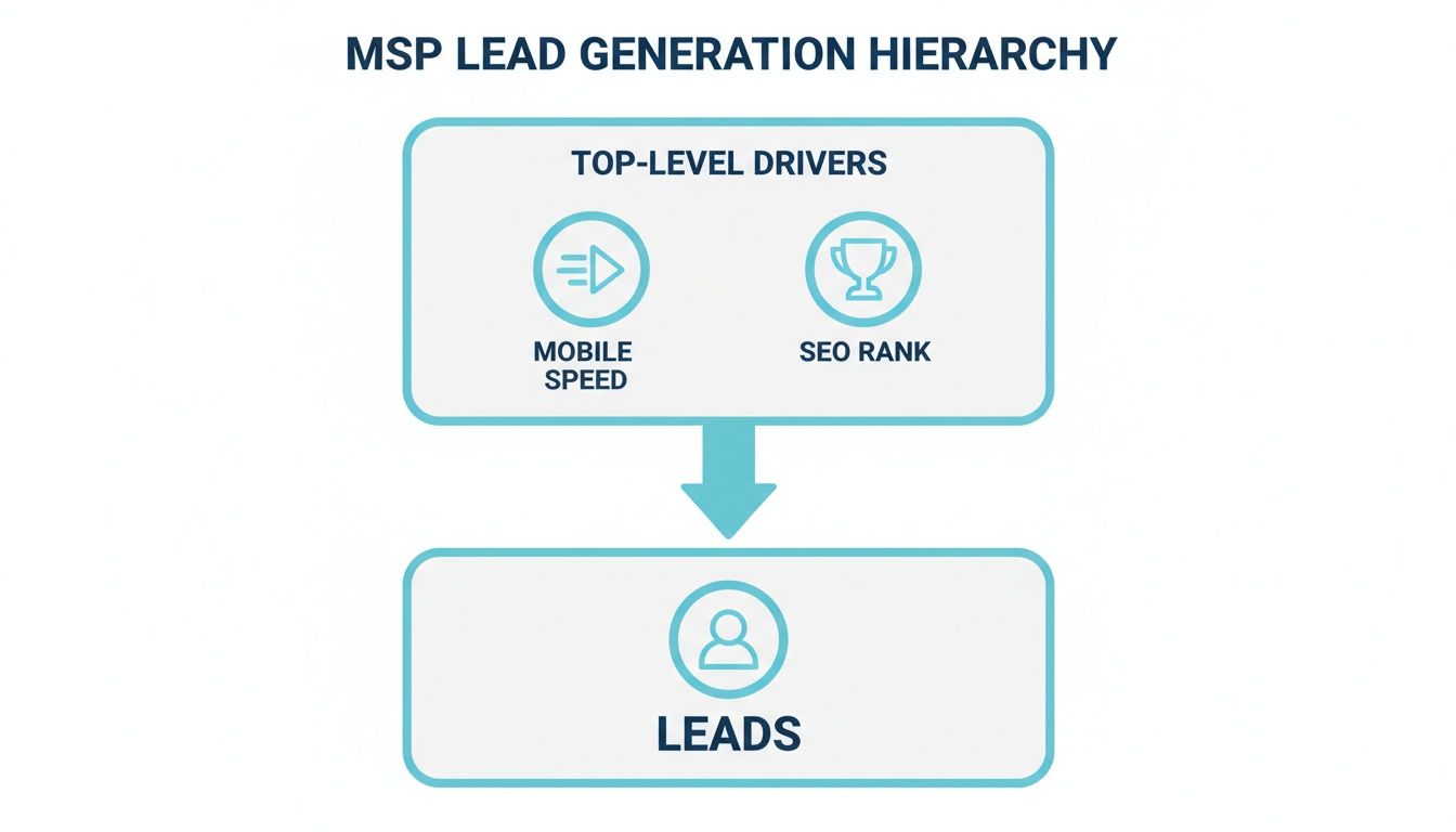A hierarchy diagram showing mobile speed and SEO rank as top-level drivers for MSP lead generation.