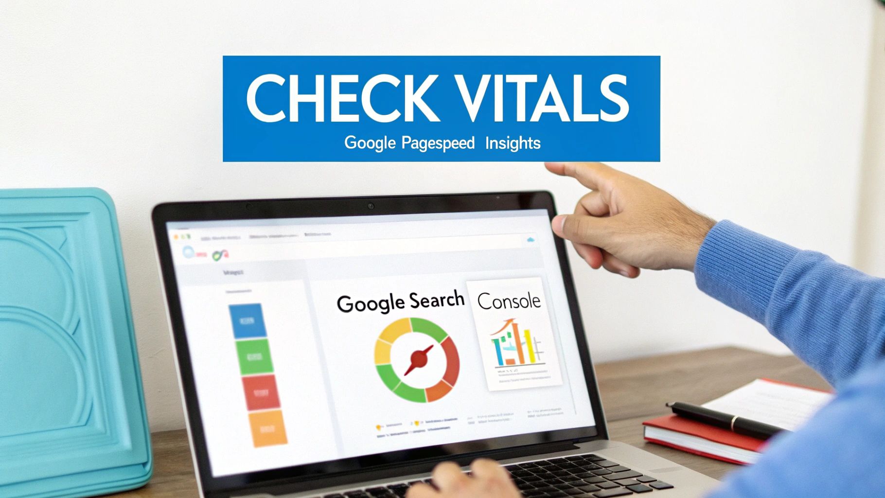 A person uses a laptop displaying Google Search Console with Core Web Vitals metrics, alongside a 'CHECK VITALS' banner.
