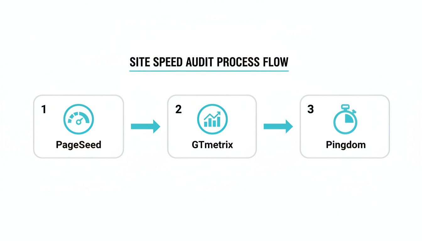 Flowchart showing the site speed audit process with steps: PageSpeed, GTmetrix, and Pingdom.